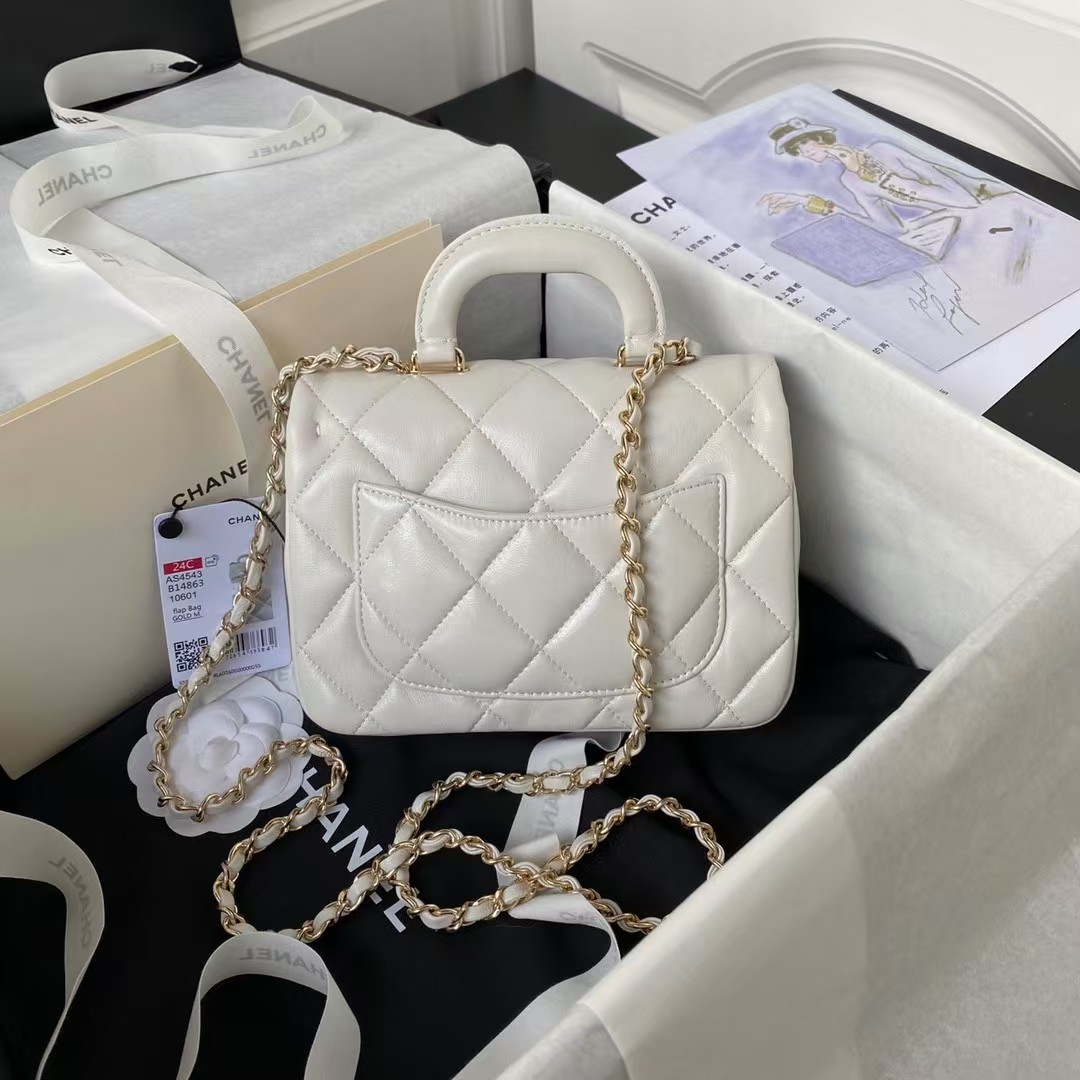 24C AS4543 Mini Flap Bag Chain Bag Top Handle White Lambskin