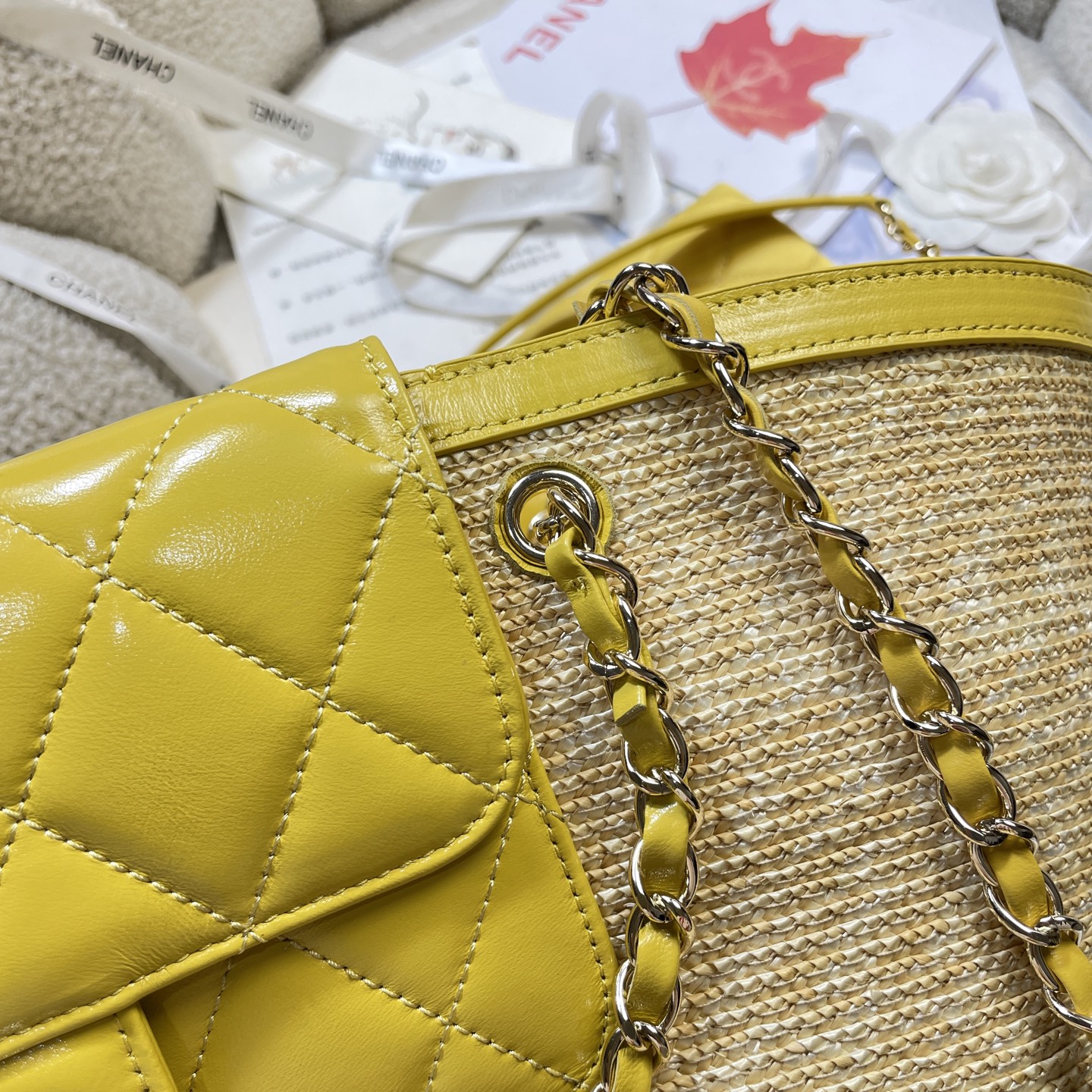 Large Straw & Lambskin Tote Bag with Pouch in Bright Yellow with Light Gold-Tone Hardware, 25C Cruise Collection - Mocuir