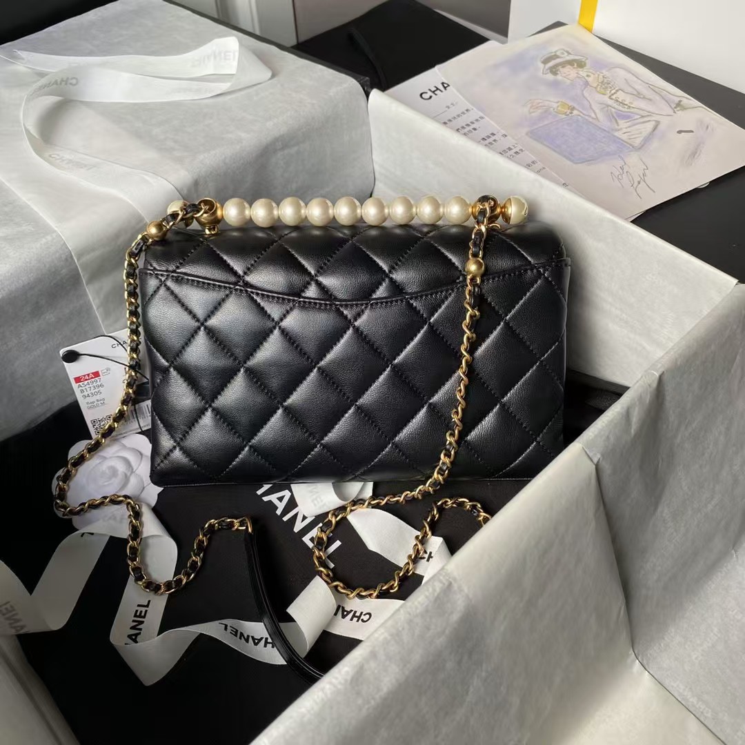 AS4997 Flap Bag with top Handle Shiny Lambskin Imitation Pearls & Gold-Tone Metal Black