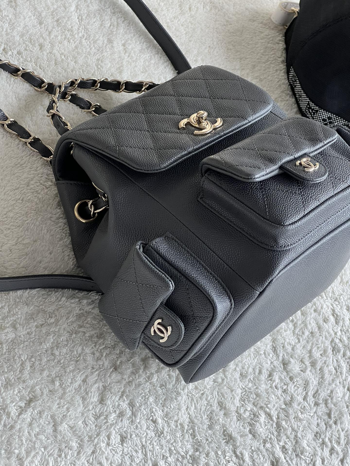 23K Duma Tank Backpack in Dark Grey Quilted Caviar Leather with Light Gold-Tone Hardware - Mocuir