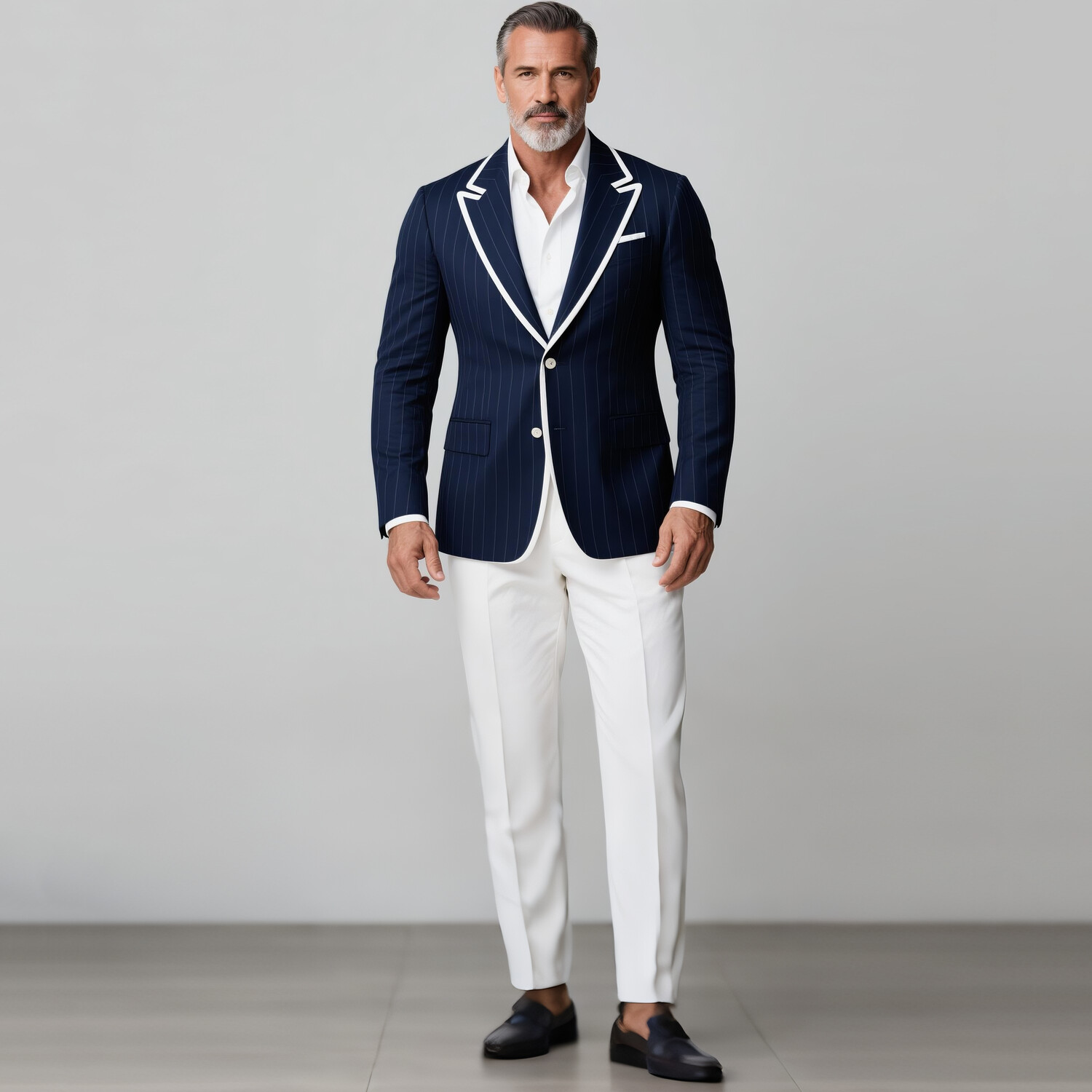 Men's Pinstriped Peak Lapel Two Button Contrast Binding Long Sleeve Blazer