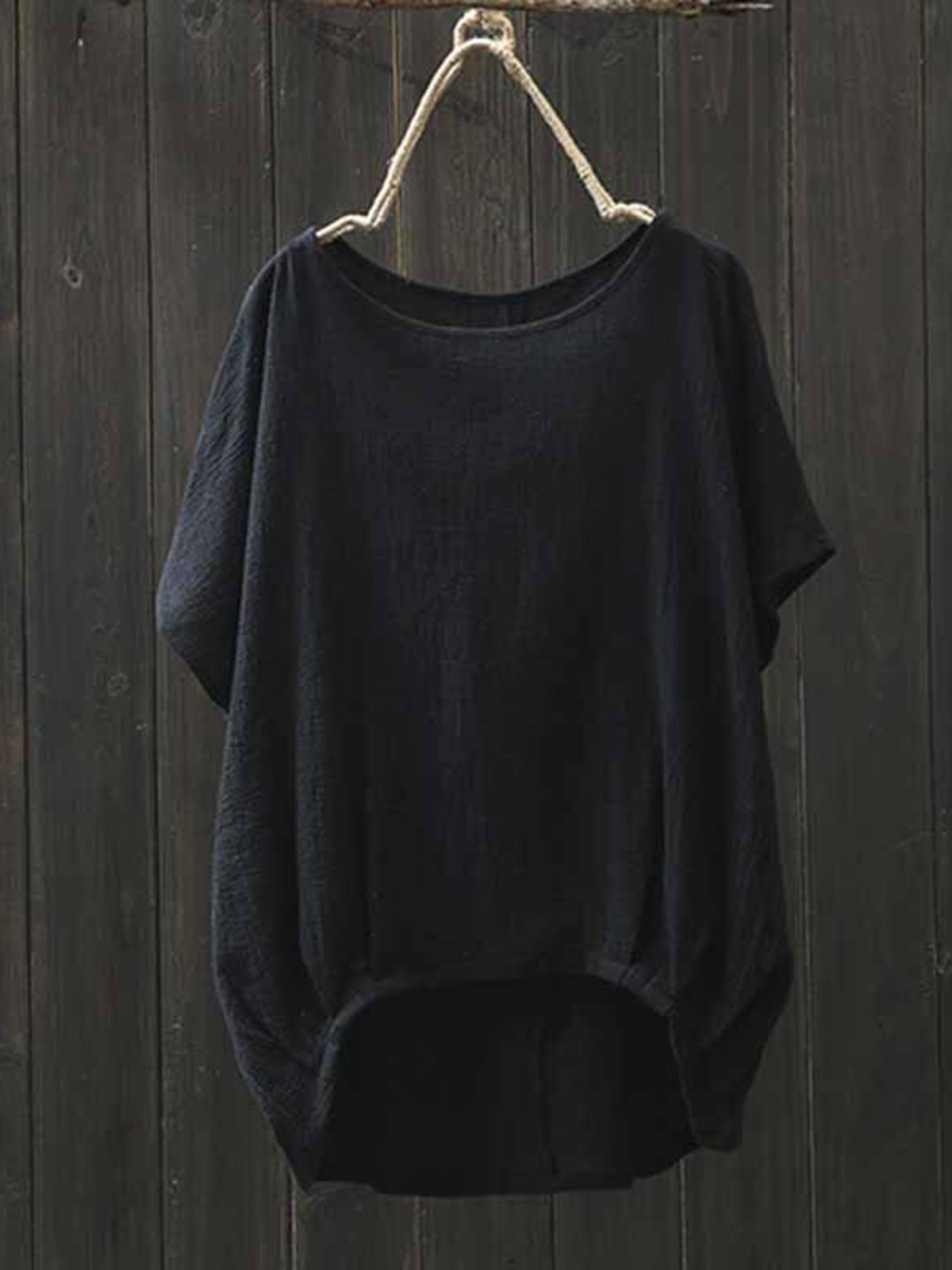 Basic Short Sleeve Solid Crew Neck Asymmetric Linen Blouse