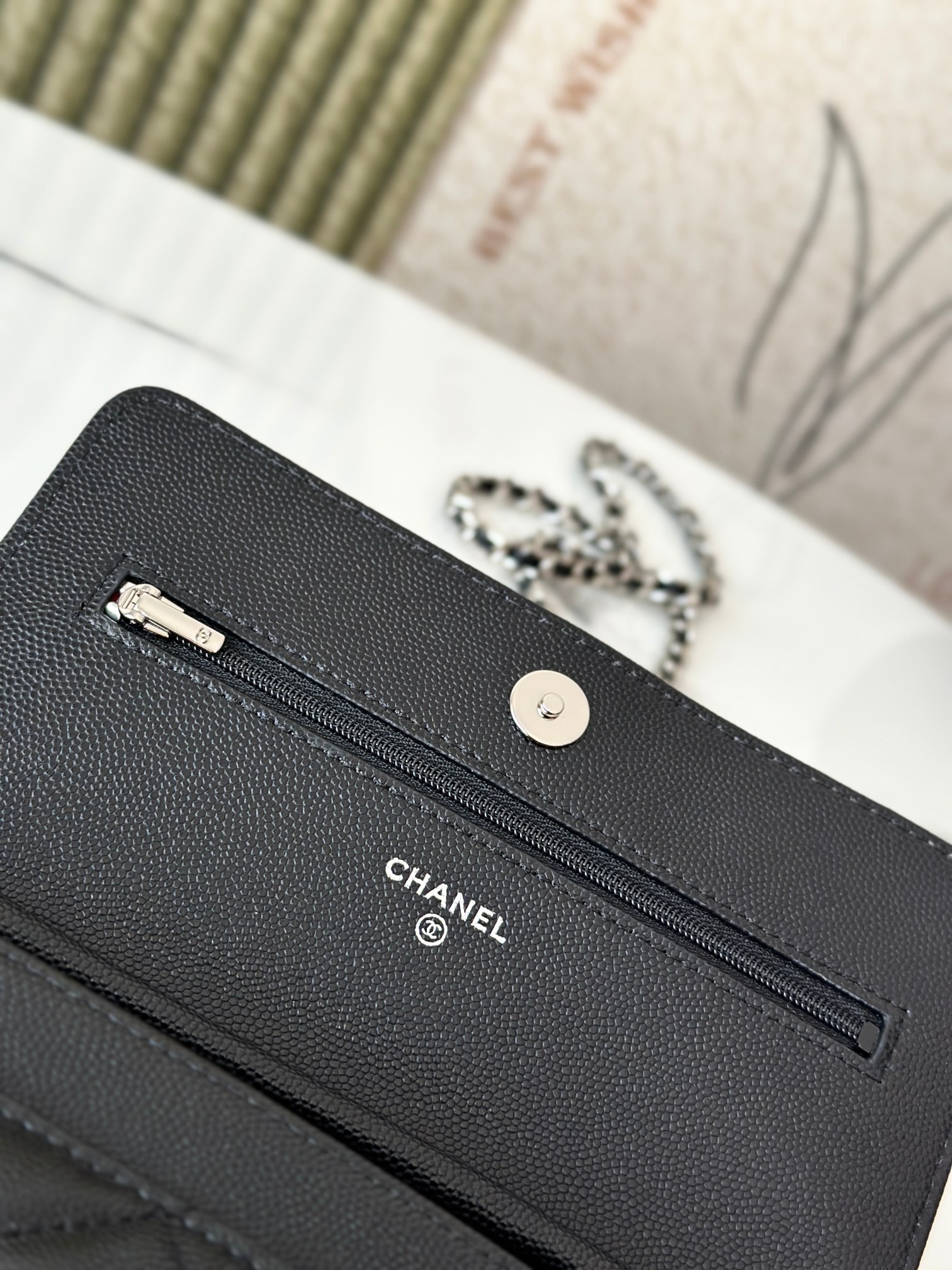 Wallet on Chain (WOC) 25C Collection in Black Quilted Caviar Leather with Brushed GoldSilver-Tone Hardware - Mocuir