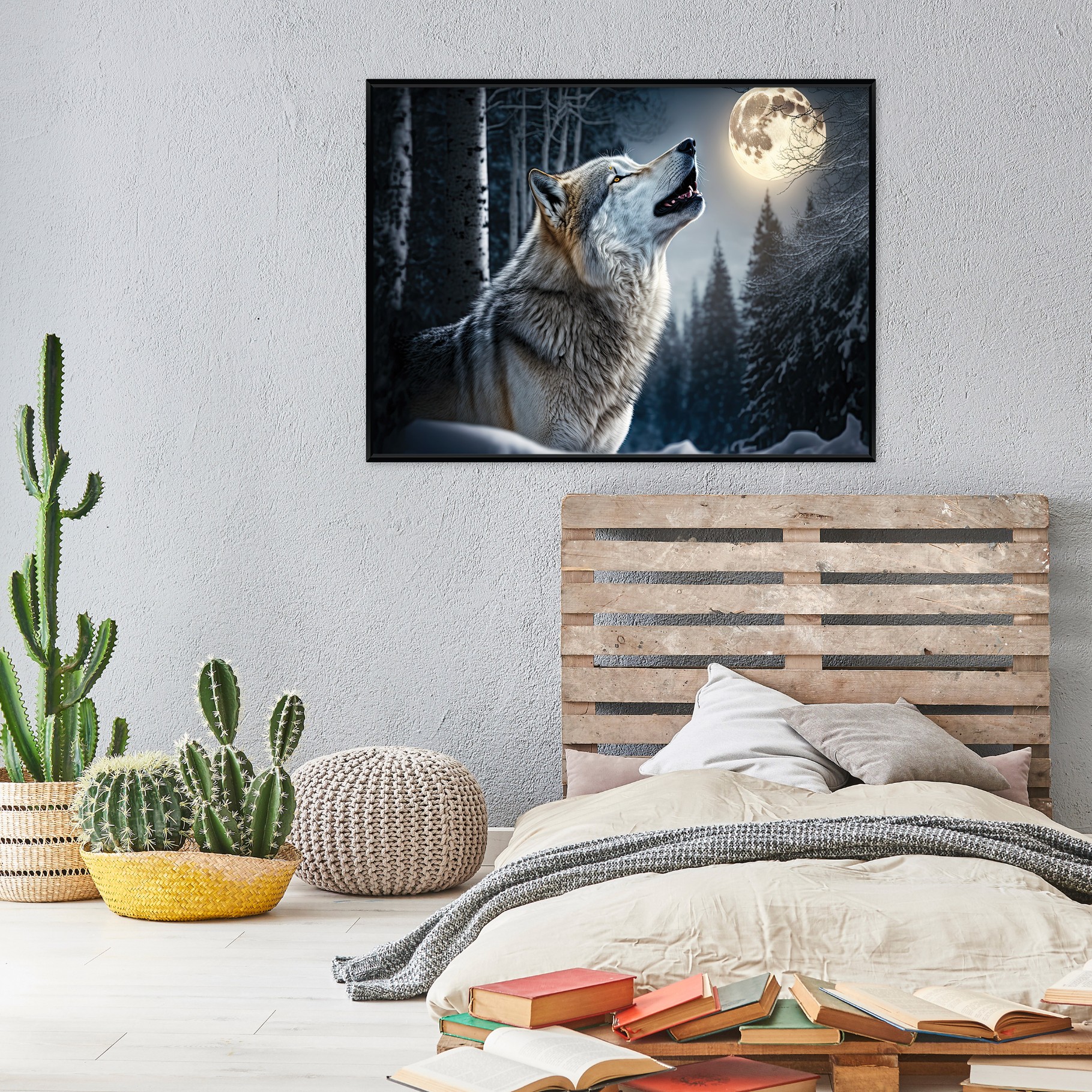 Black-framed canvas painting of a wolf in the forest, nature, living room, bedroom, 40x30
