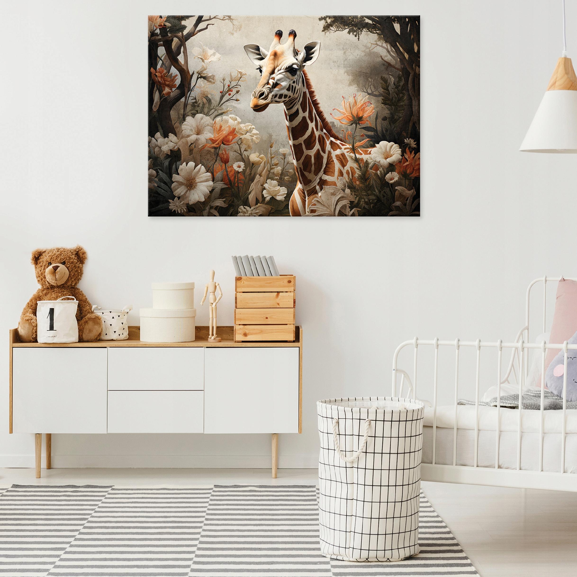 Giraffe, forest, animals, and flowers canvas print (40x30) for the bedroom or living room