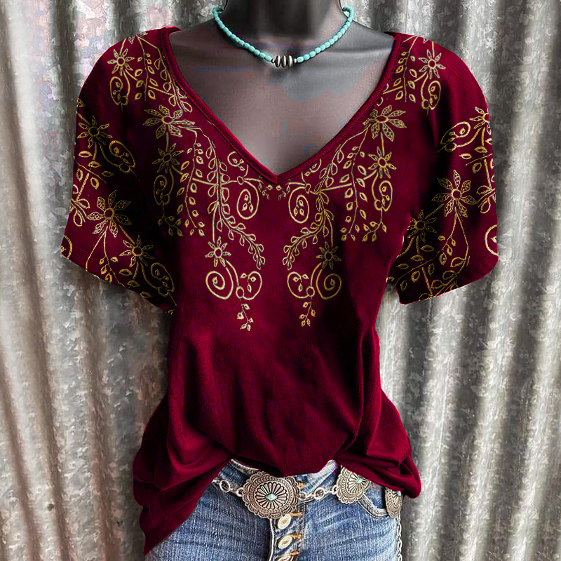 Vintage Plant V-neck Short-Sleeved Graphic Tees