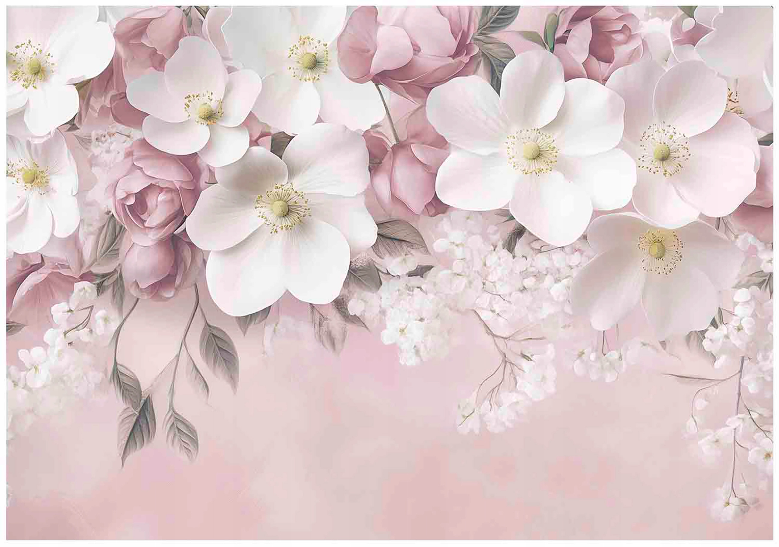 Wall mural featuring hanging flowers and pink concrete, perfect for a bedroom or living room