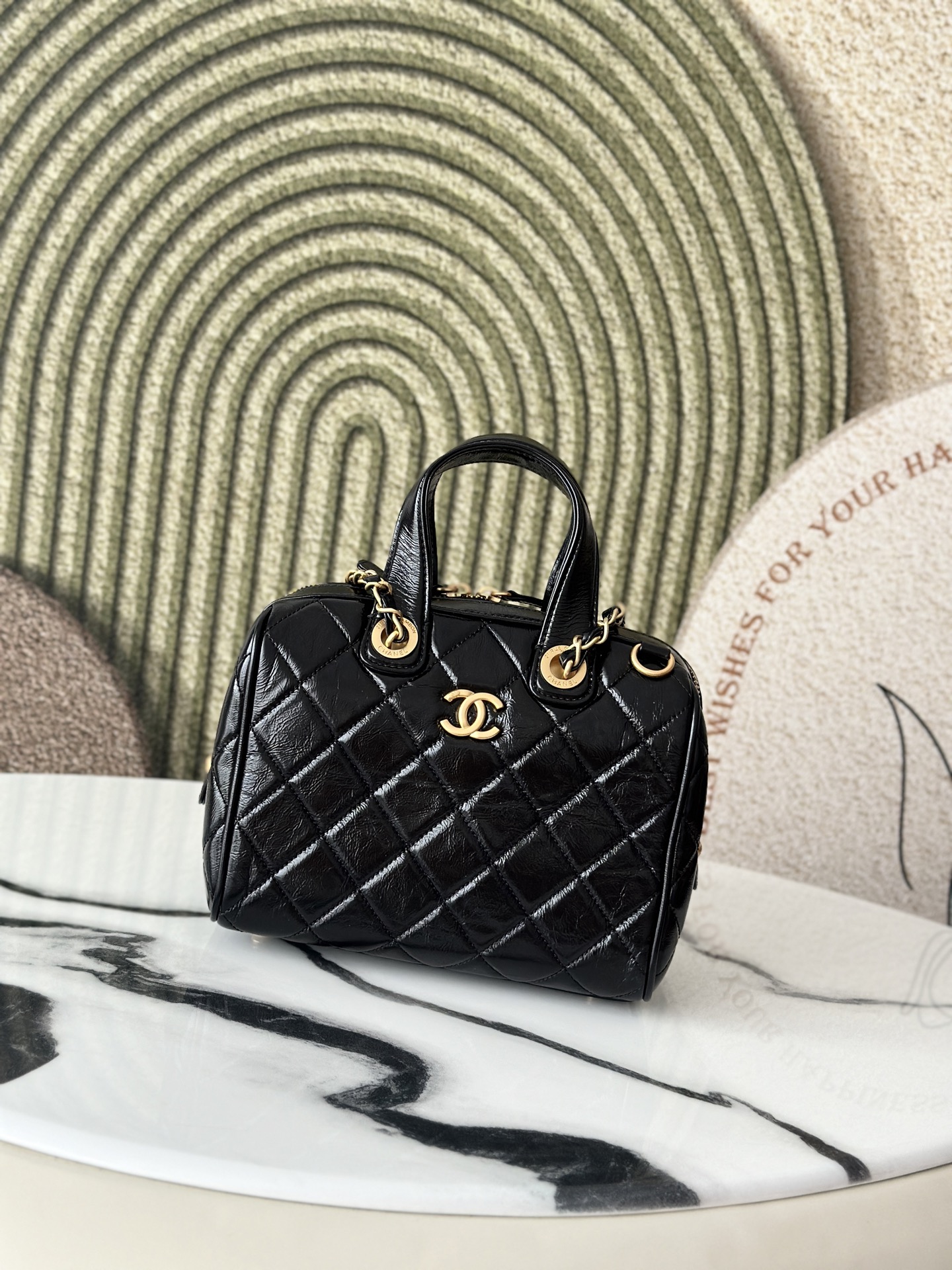 25A Black Oil Wax Calfskin Quilted Bowling Bag with Gold Hardware - Mocuir