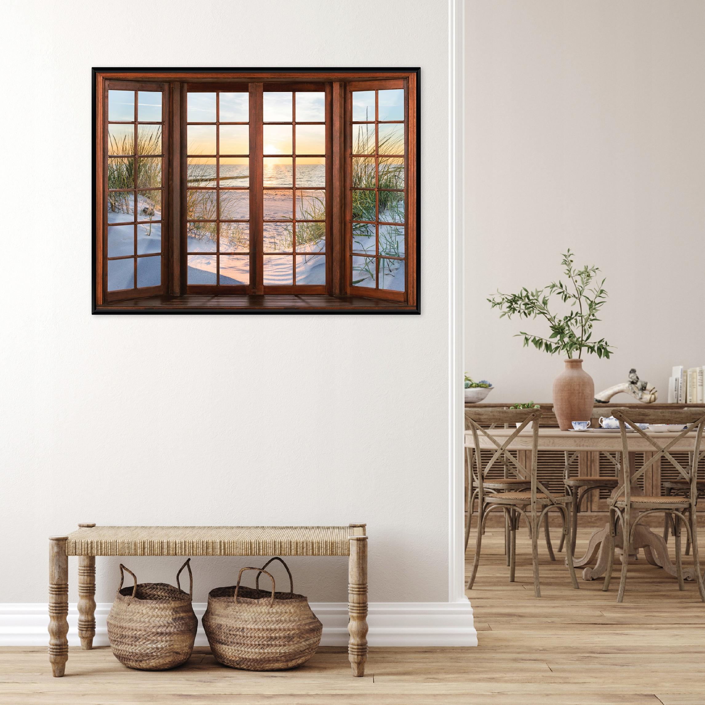 Black-framed canvas print: 3D window, beach, sea; living room, bedroom; 40x30