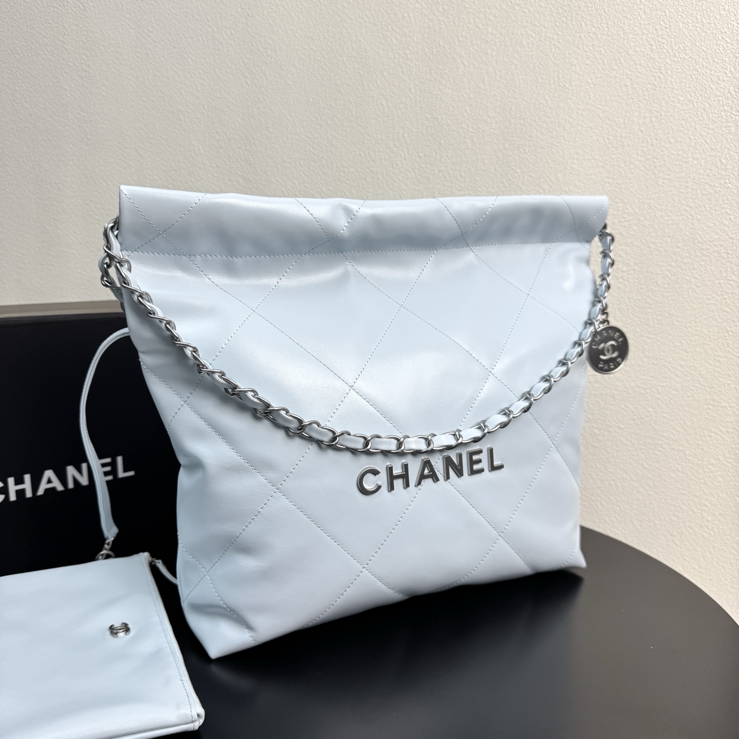 22 Bag Quilted Shiny Calfskin in Light Blue (Silver Hardware) - Mocuir