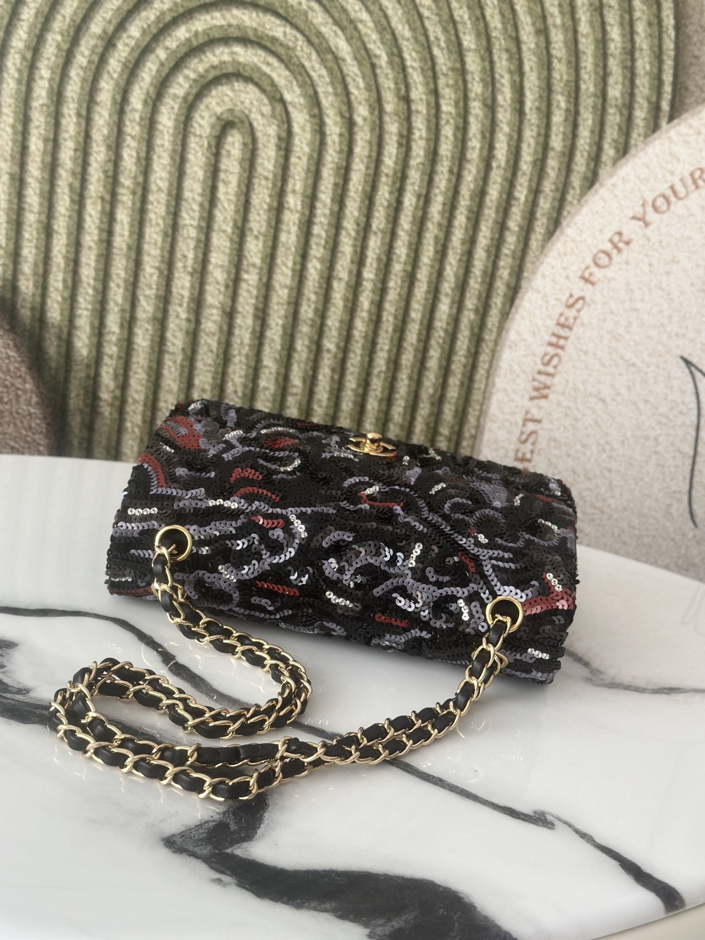 Limited Edition Black Red Grey Sequin Abstract Quilted Mini Classic Flap Bag with Gold-Tone Hardware - Mocuir