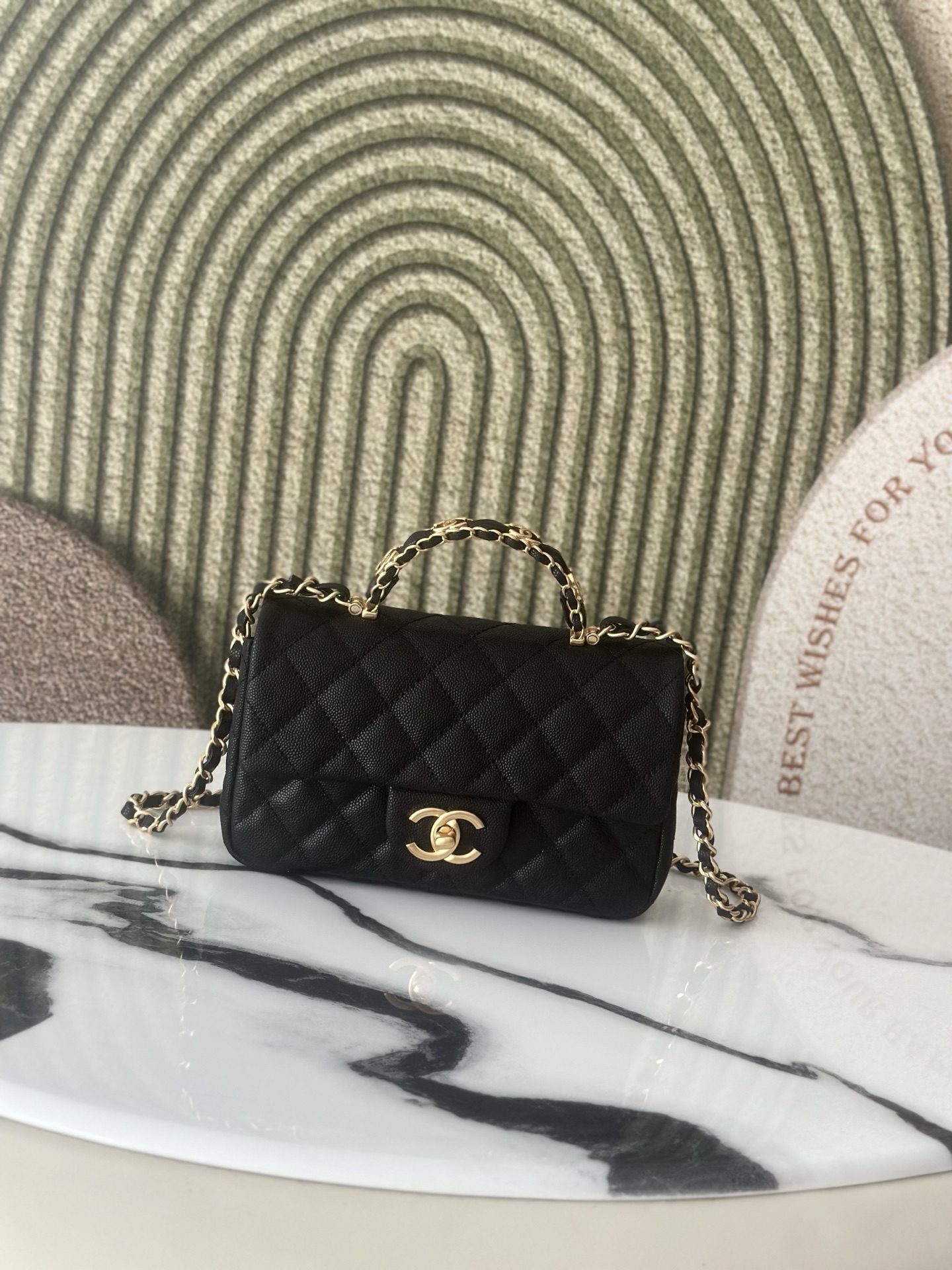 Classic Flap Mini with Top Handle in Black Quilted Caviar Leather with Gold-Tone Hardware - Mocuir
