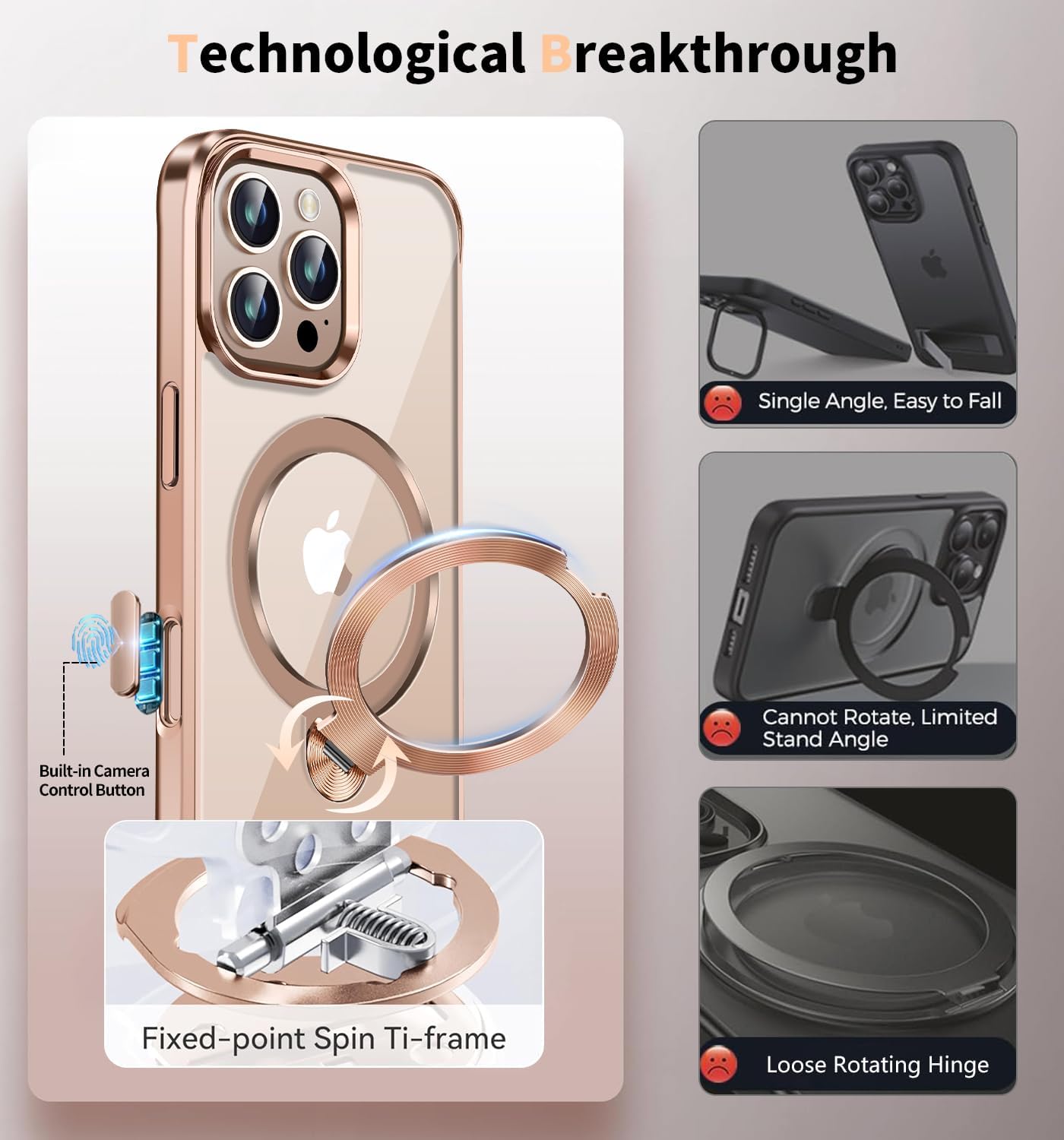 Metal Ring & Invisible 360 °   Spin Stand] Magnetic Case for iPhone 16 Pro Max [Electroplated Shockproof Bumper] [Compatible with Mag Safe] Cover with Stand for Women Men Slim Clear, Desert Titanium