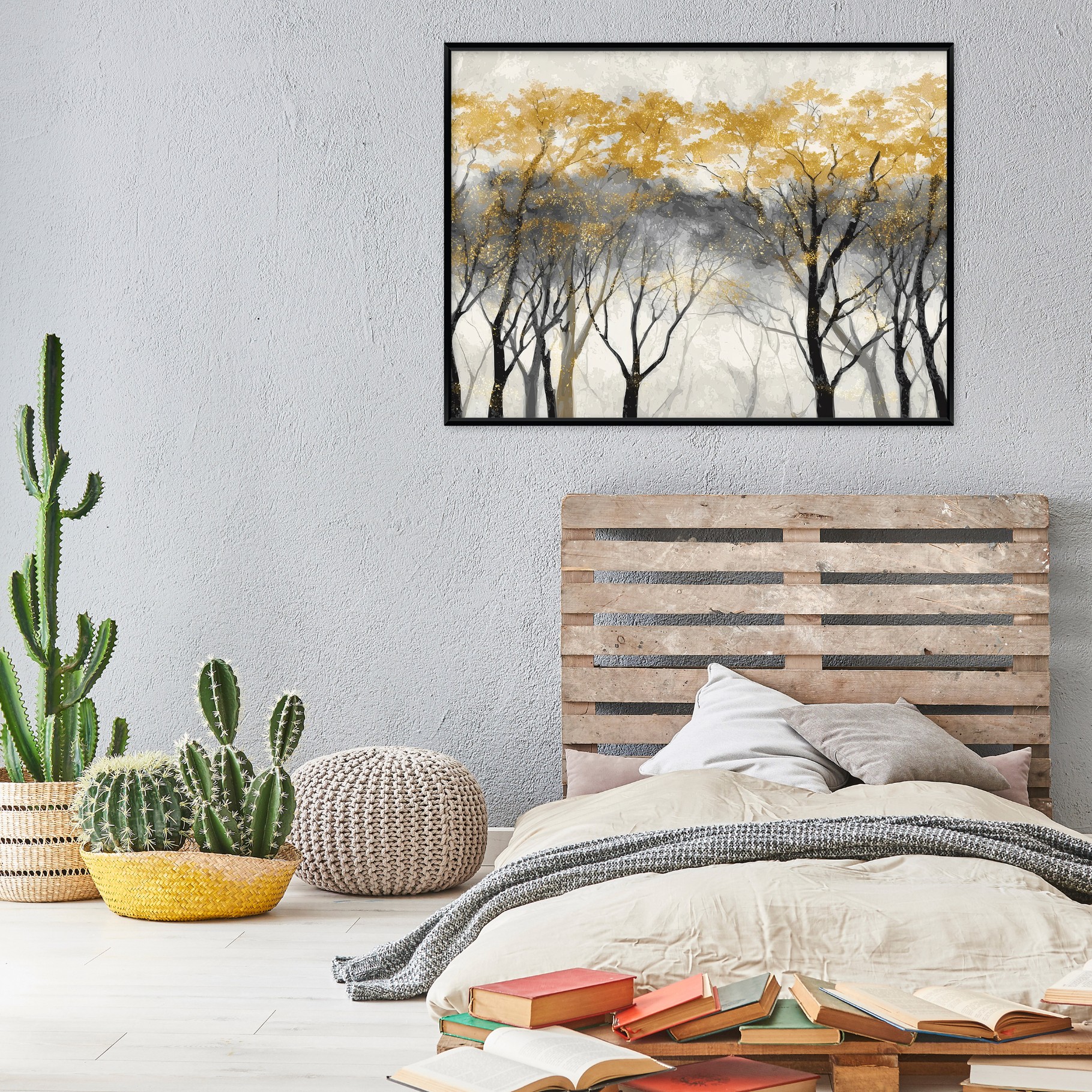 Black-framed canvas painting of a forest, golden living room, bedroom, 40x30