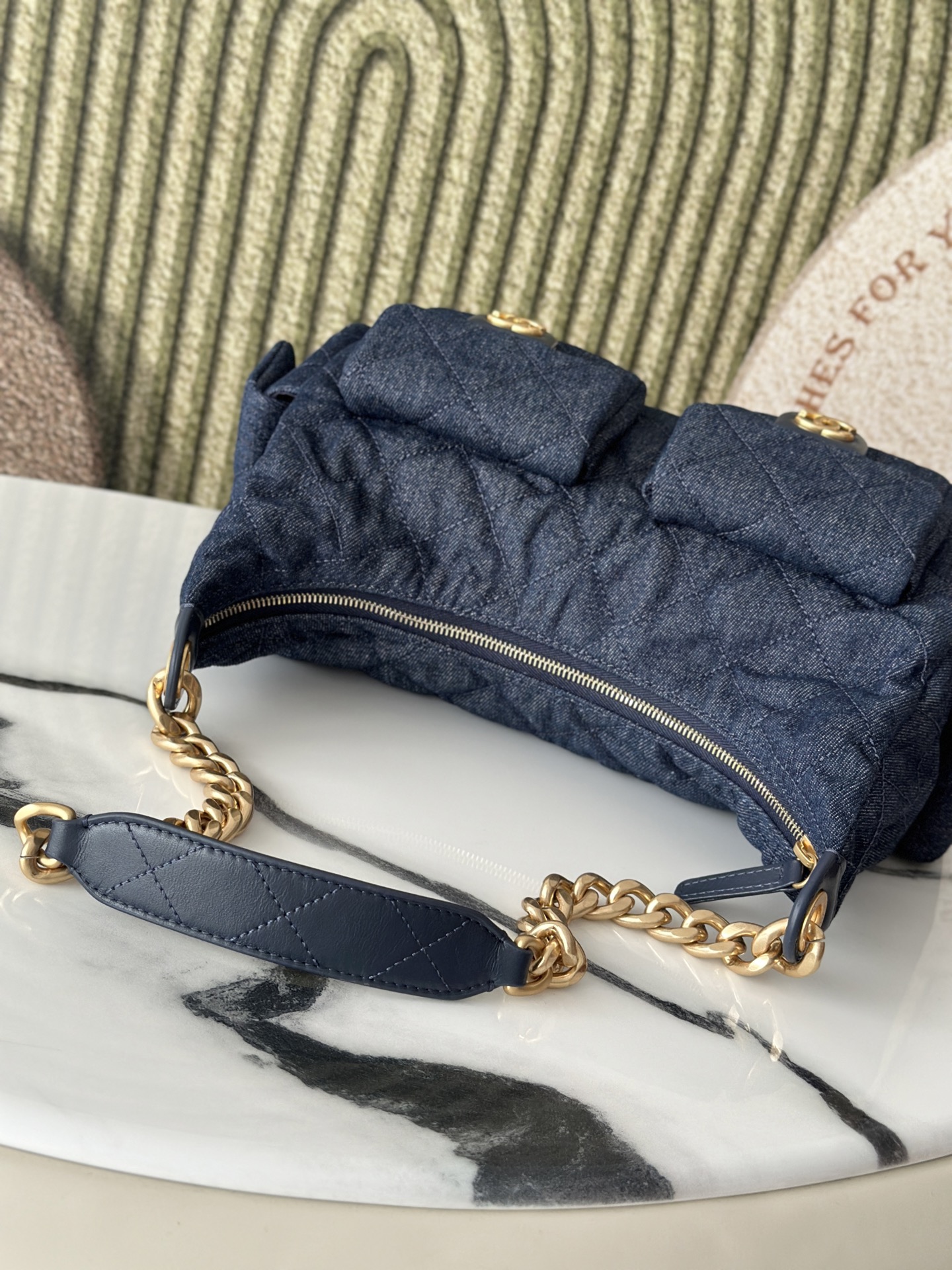 Dark Blue Denim Multi-Pocket Hobo Bag with Gold Hardware - Mocuir