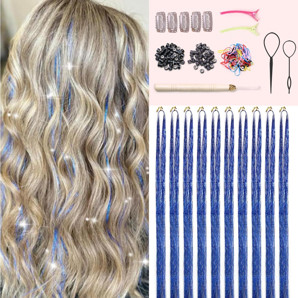 Blue Hair Tinsel Kit, 10 Packs Fairy Tinsel Hair Extensions for Teen Girls Heat Resistant Glitter Hair Accessories for Christmas New Year Halloween Cosplay Party(48 Inch)