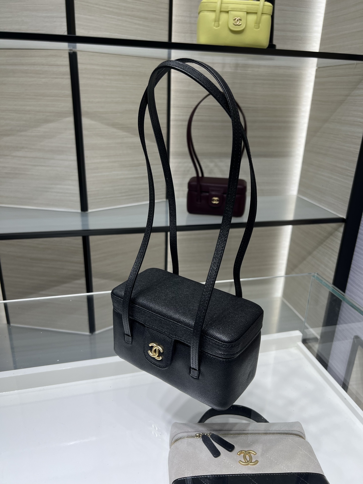 26P Preppy Coco Black Quilted Caviar Leather Long Vanity Handbag with Gold-Tone Hardware - Mocuir