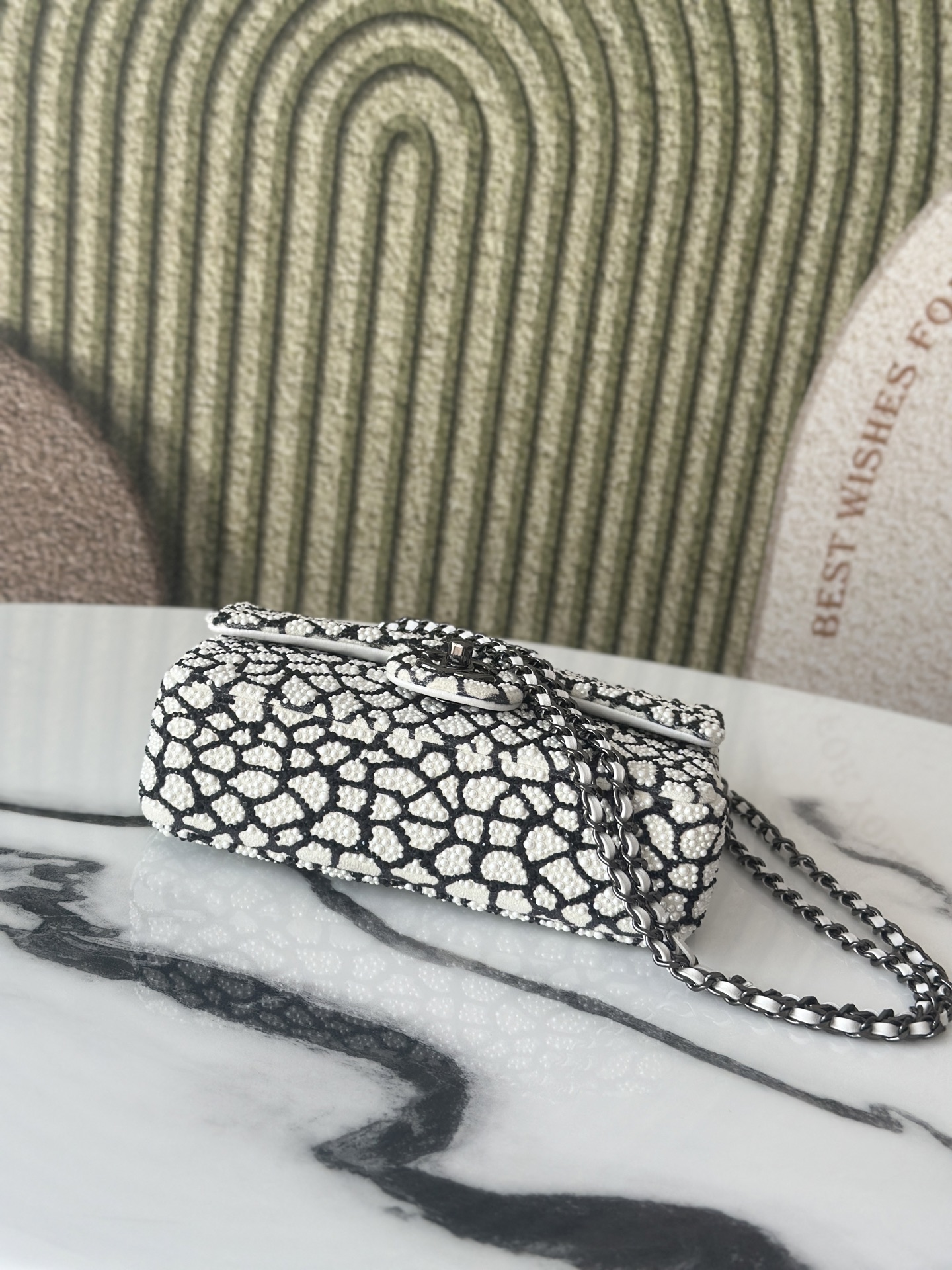 Classic Flap Mini Bag in Black & White Pearl Embellished Crocodile Pattern (Black Hardware) - Mocuir