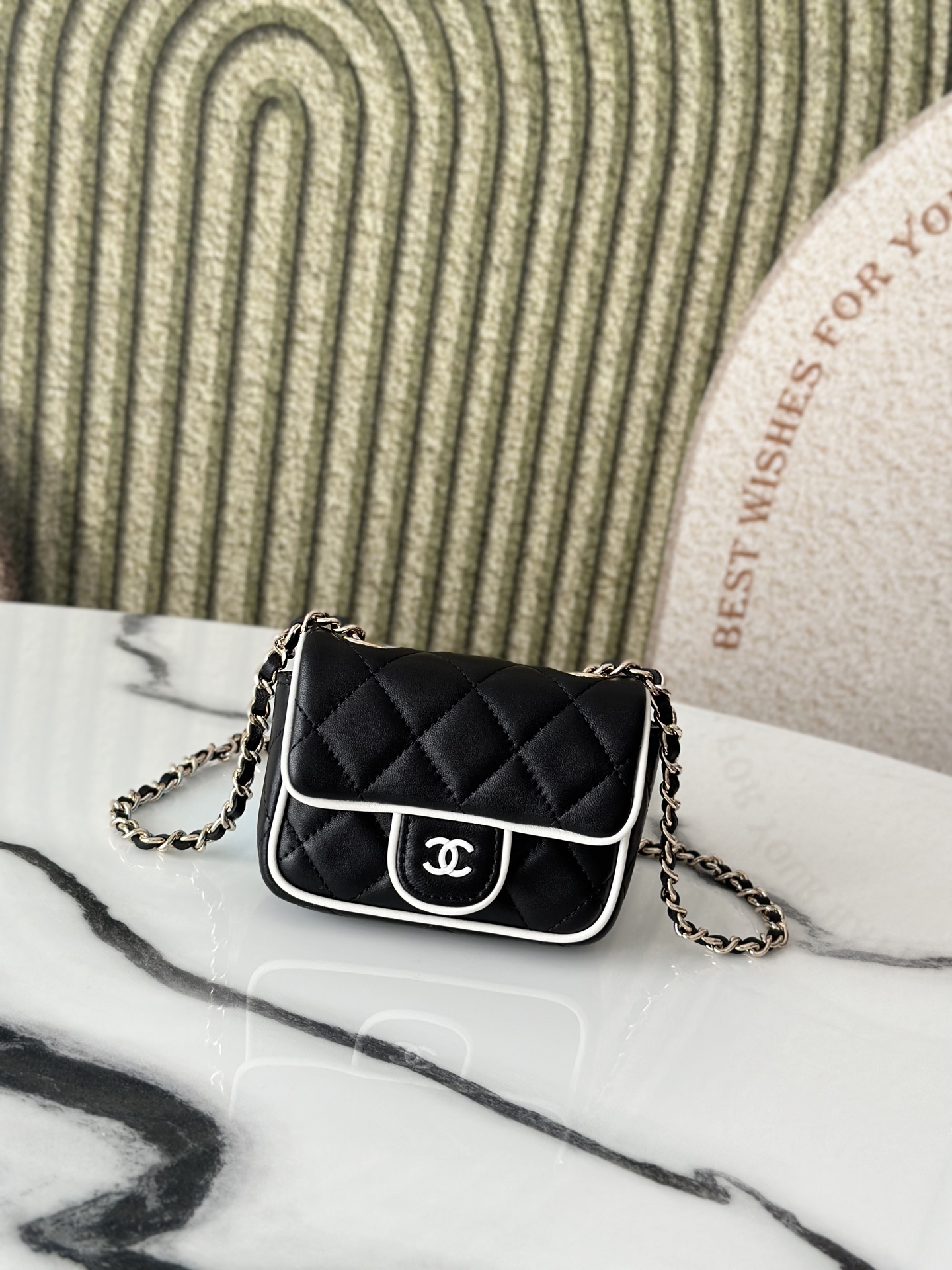 Mini Classic Flap in Black Quilted Lambskin with White Piping and SilverGold-Tone Hardware - Mocuir