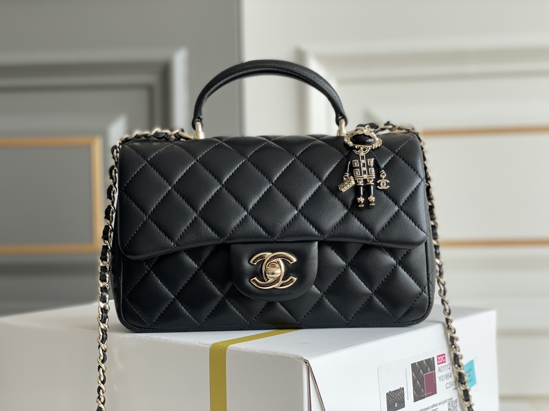 Classic Flap Mini Bag with Top Handle in Black Quilted Grained Lambskin with Gold-Tone Hardware - Mocuir