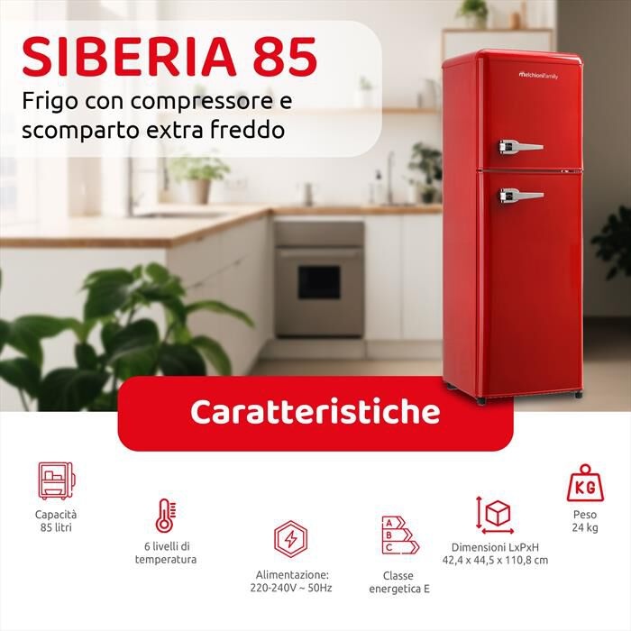 MELCHIONI FAMILY - Frigorifero 2 porte SIBERIA 85 Classe E 85lt-Rosso / Metallo