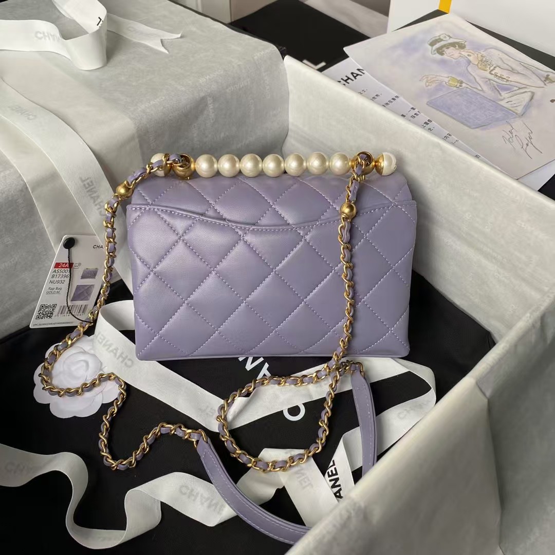 AS5001 Mini Flap Bag Top Handle Shiny Lambskin Faux Pearl & Gold Metallic Purple