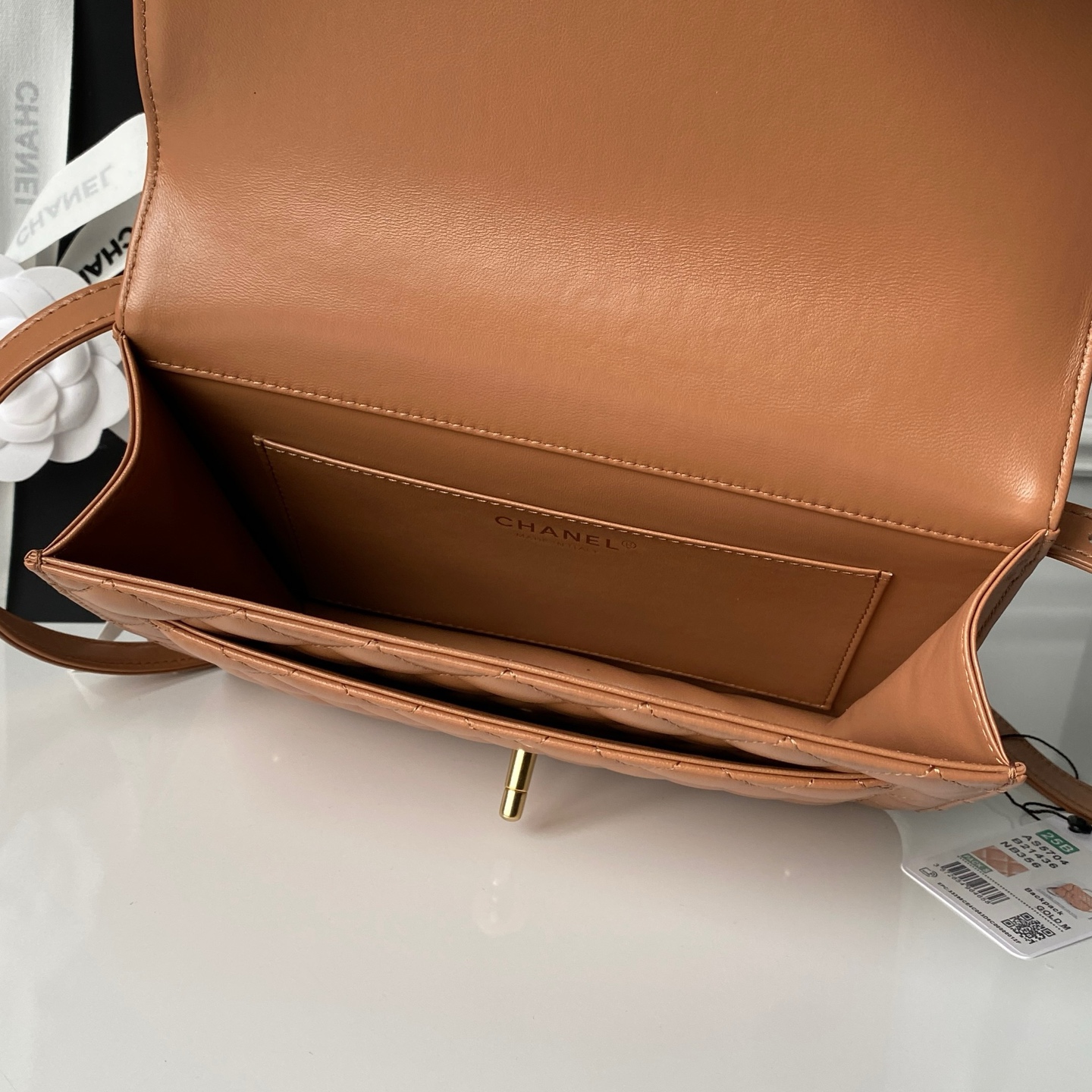 Top Handle Flap Messenger Backpack in Caramel Quilted Lambskin with Light Gold-Tone Hardware - Mocuir