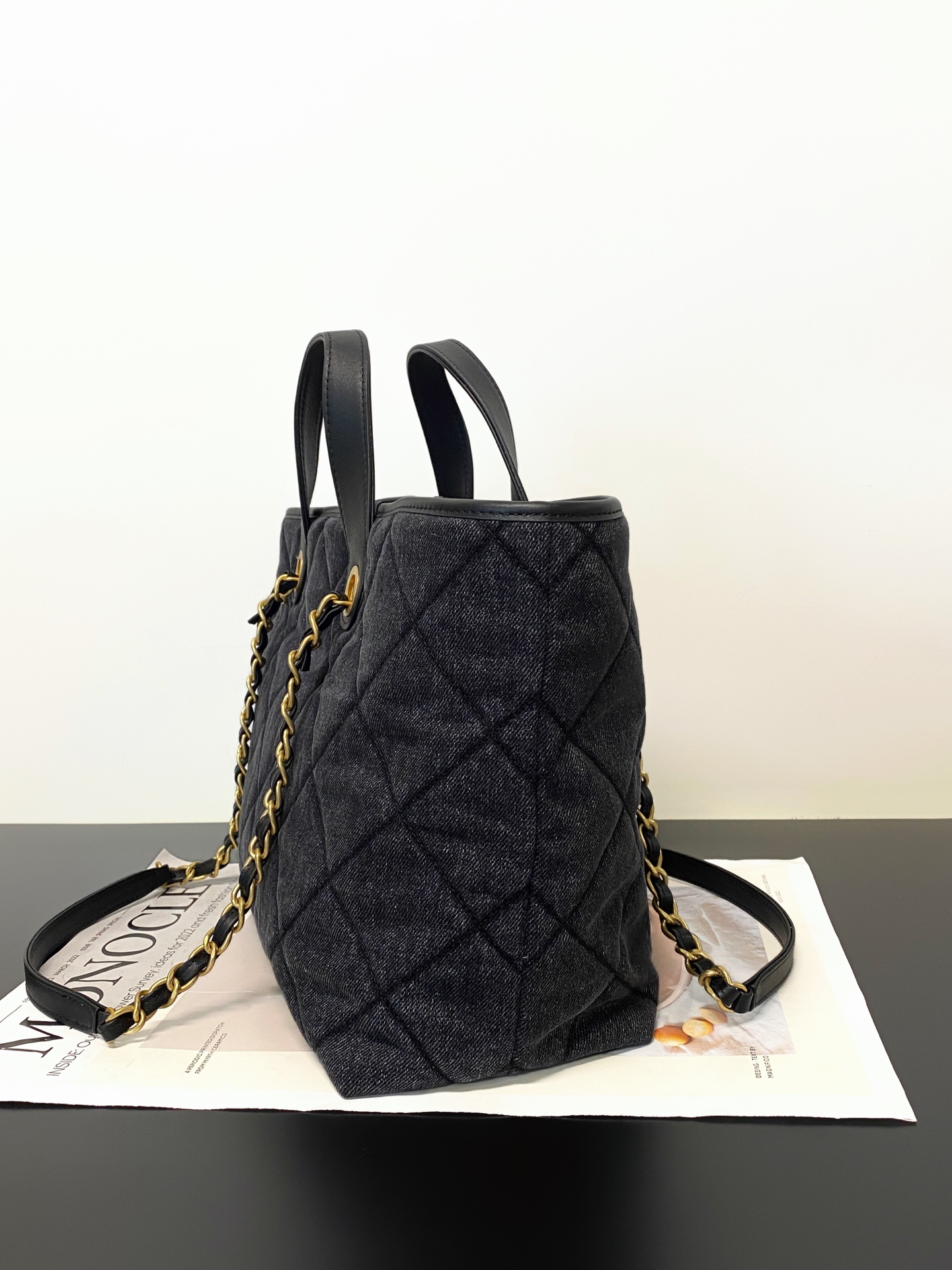 26C Denim Tote Bag in Black Washed Denim with Antique Gold Hardware (Model AS5640) - Mocuir