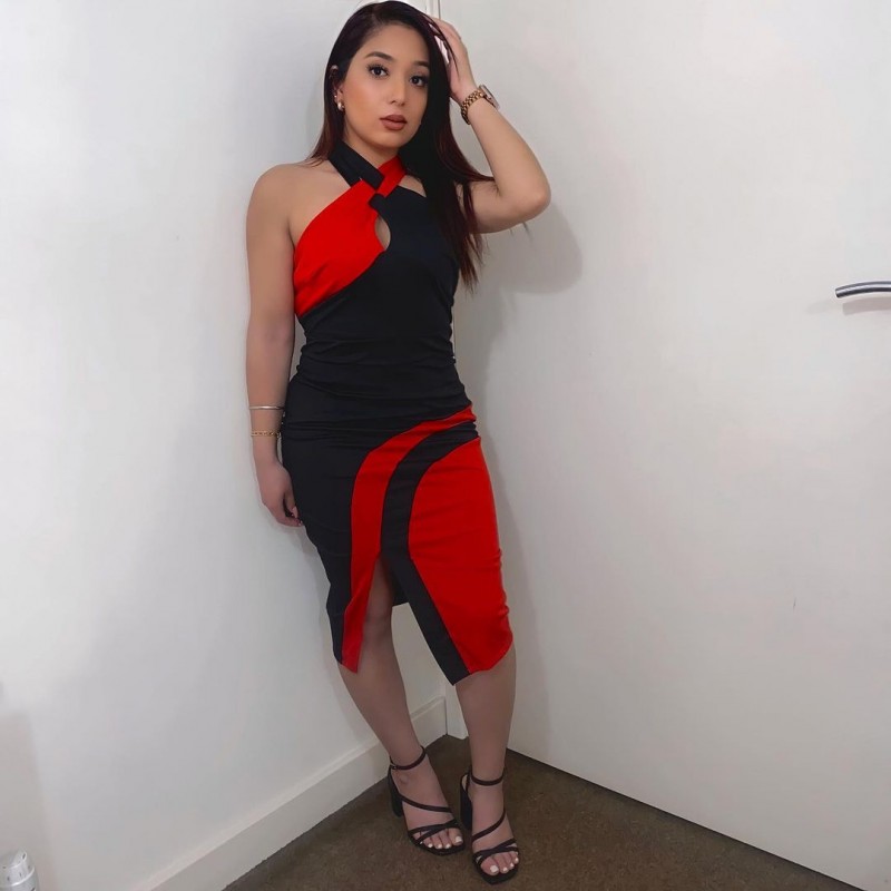 Side Slit Contrast Sleeveless Bodycon Dress