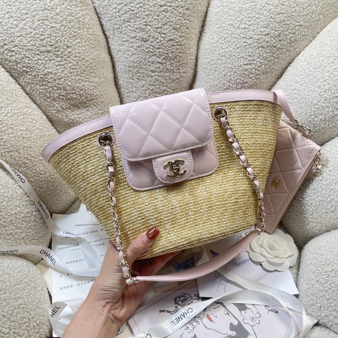 Straw & Lambskin Tote Bag with Pouch in Sakura Pink with Gold-Tone Hardware, 25C Cruise Collection - Mocuir