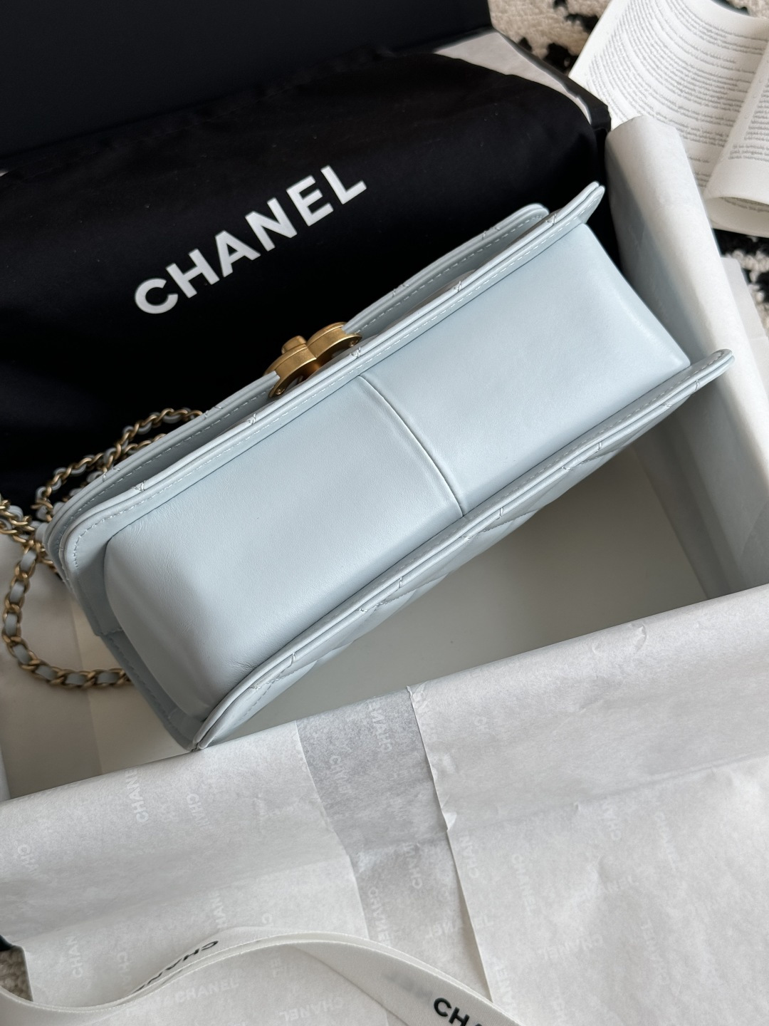 Wallet On Chain (WOC) with Double Gold Balls in Light Blue Quilted Shiny Caviar Leather with Antique Gold-Tone Hardware - Mocuir