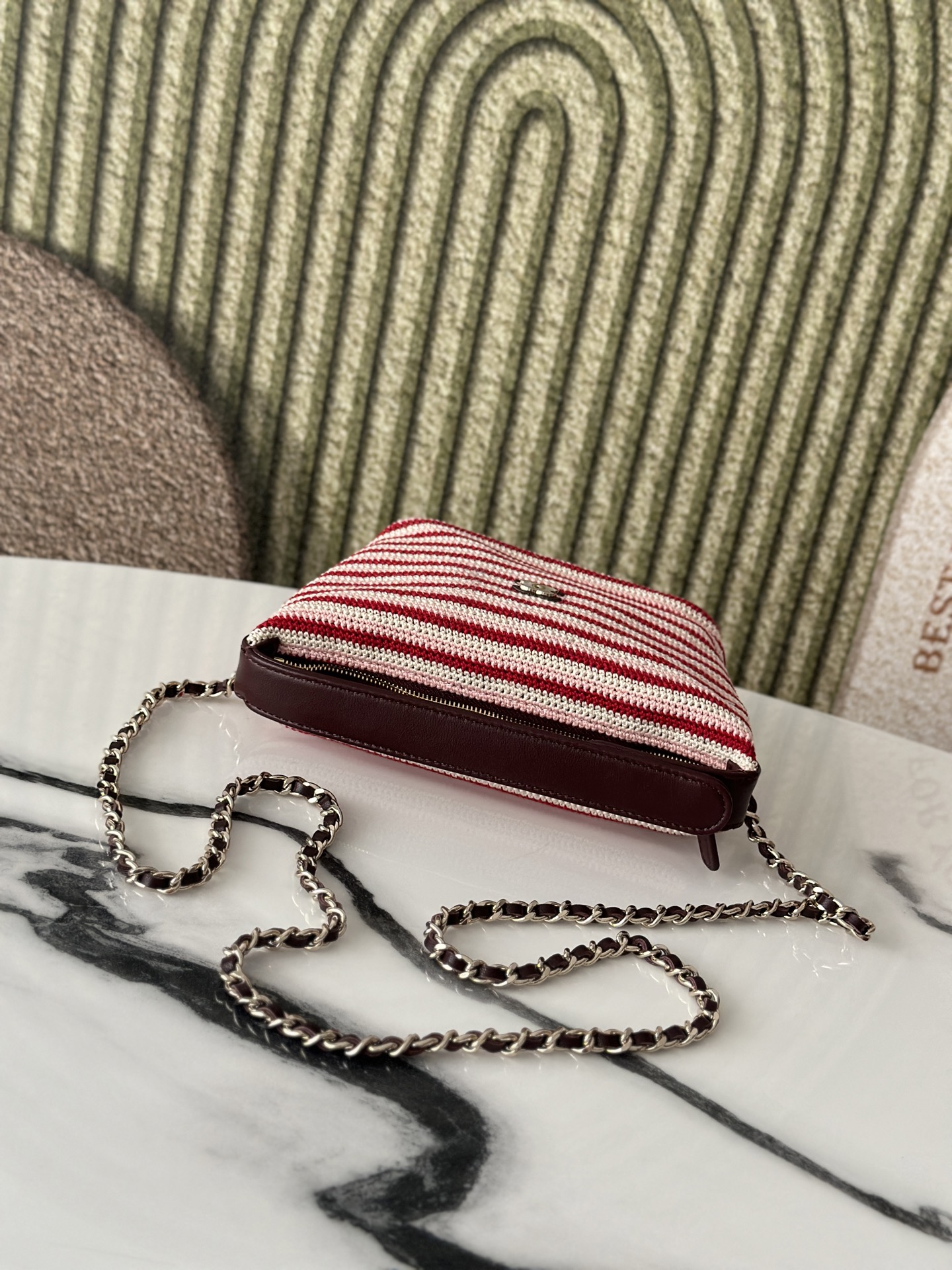 26P Cruise Mini Hobo Pouch with Chain in RedPinkWhite Striped Crochet and Lambskin with Light Gold-Tone Hardware - Mocuir