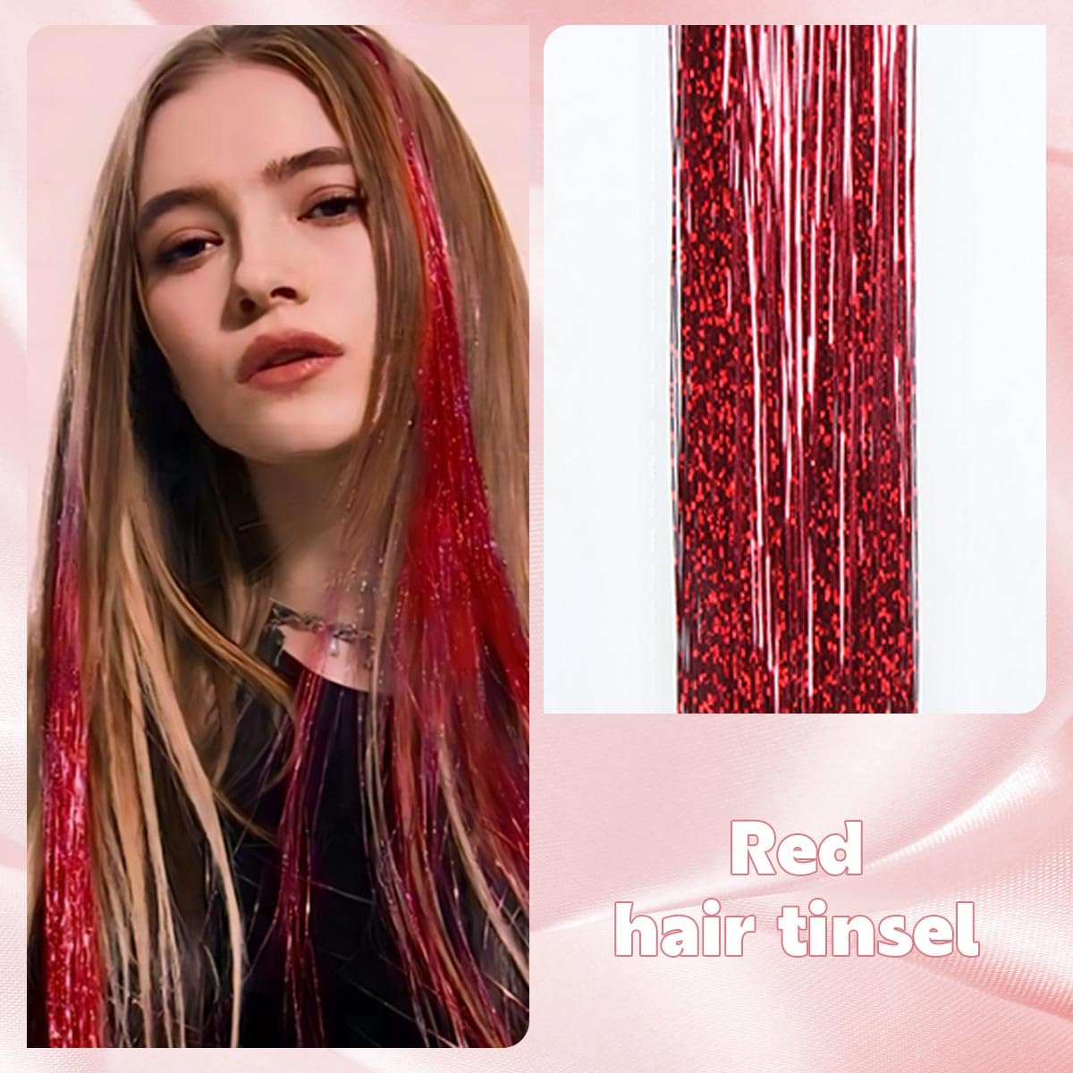 Red Hair Tinsel Kit, 10 Packs Fairy Tinsel Hair Extensions for Teen Girls Heat Resistant Glitter Hair Accessories for Christmas New Year Halloween Cosplay Party(48 Inch)