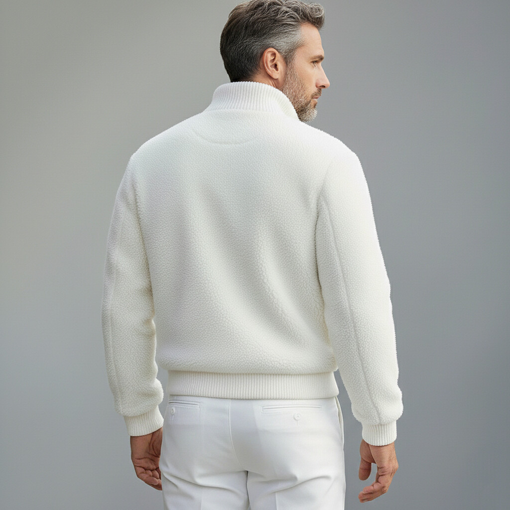 Men's White Teddy Fleece Stand Collar Long Sleeve Zip Up Jacket