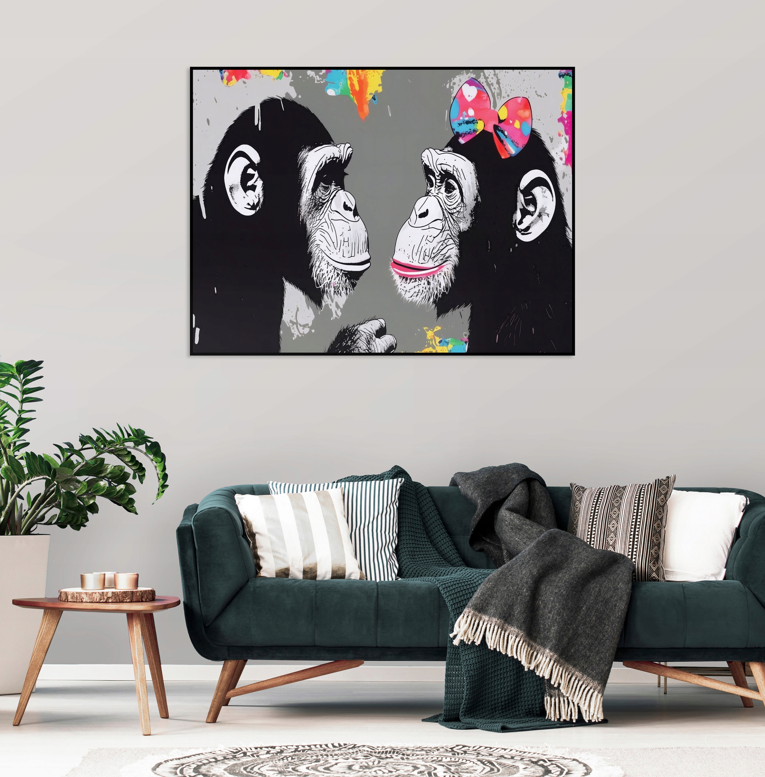 Black-framed canvas print of a monkey with graffiti, living room or bedroom, 100x70