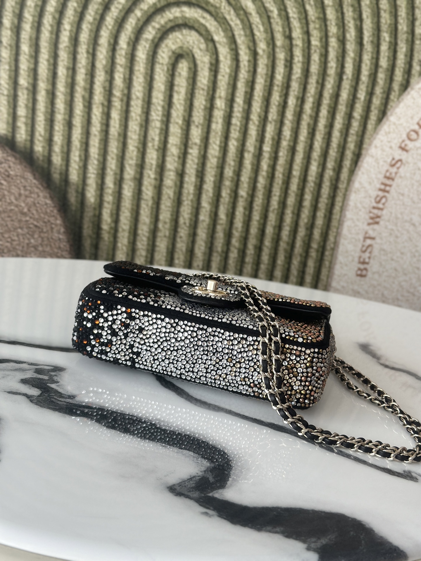 Classic Flap Mini Bag in Black Ombré Strass Crystal Embellished Suede (Gold Hardware) - Mocuir