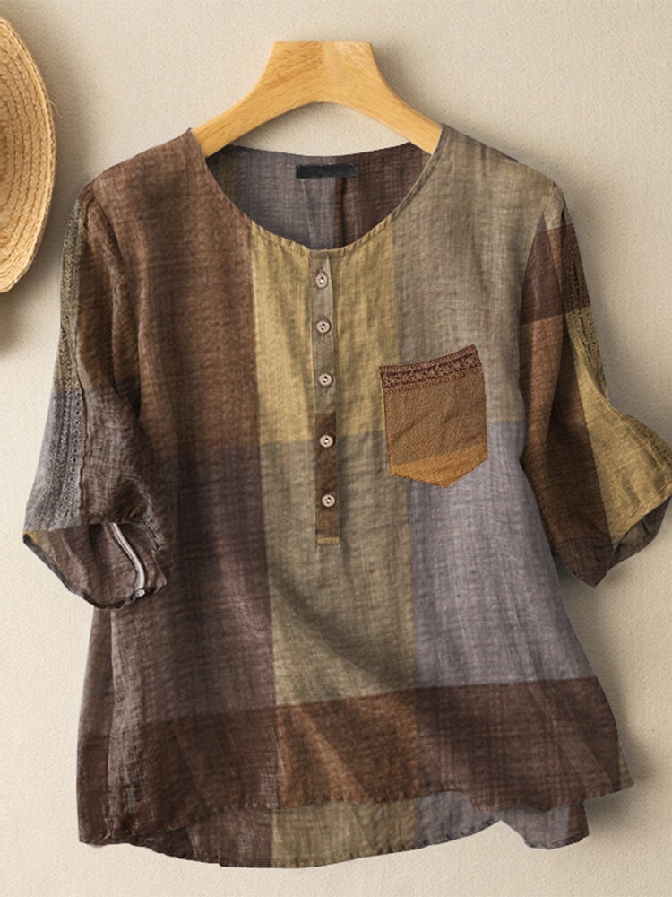 Plaid Pattern Pocket Button Front Crew Neck Blouse