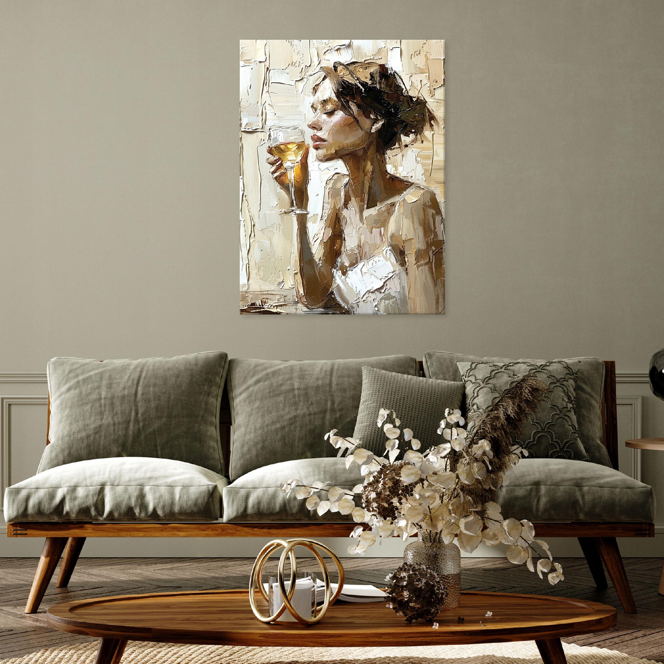 Painting of a woman with wine, as if painted on canvas, wall art for the living room or bedroom, 40x30
