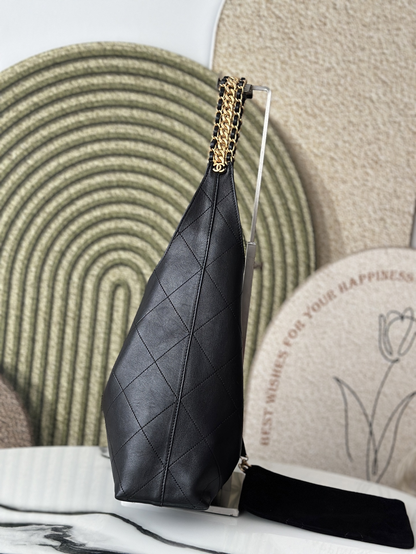 25K Black Calfskin Quilted Hobo Bag with Gold Turnlock Hardware - Mocuir