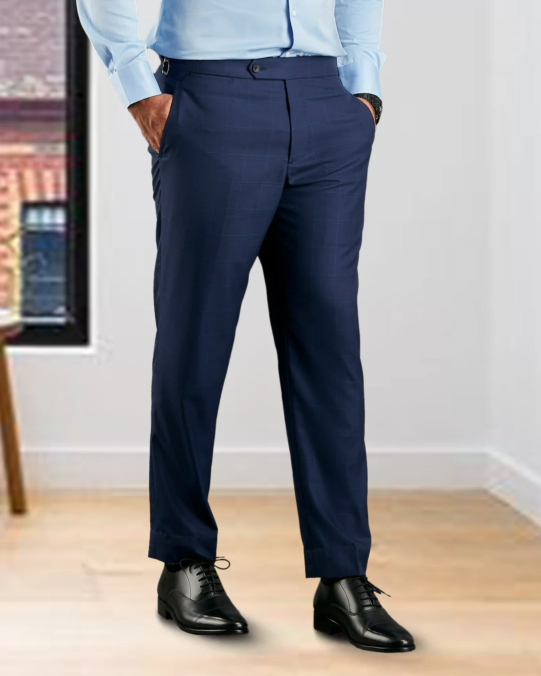 Super 160s Navy Prince of Wales Checks Dress Pant