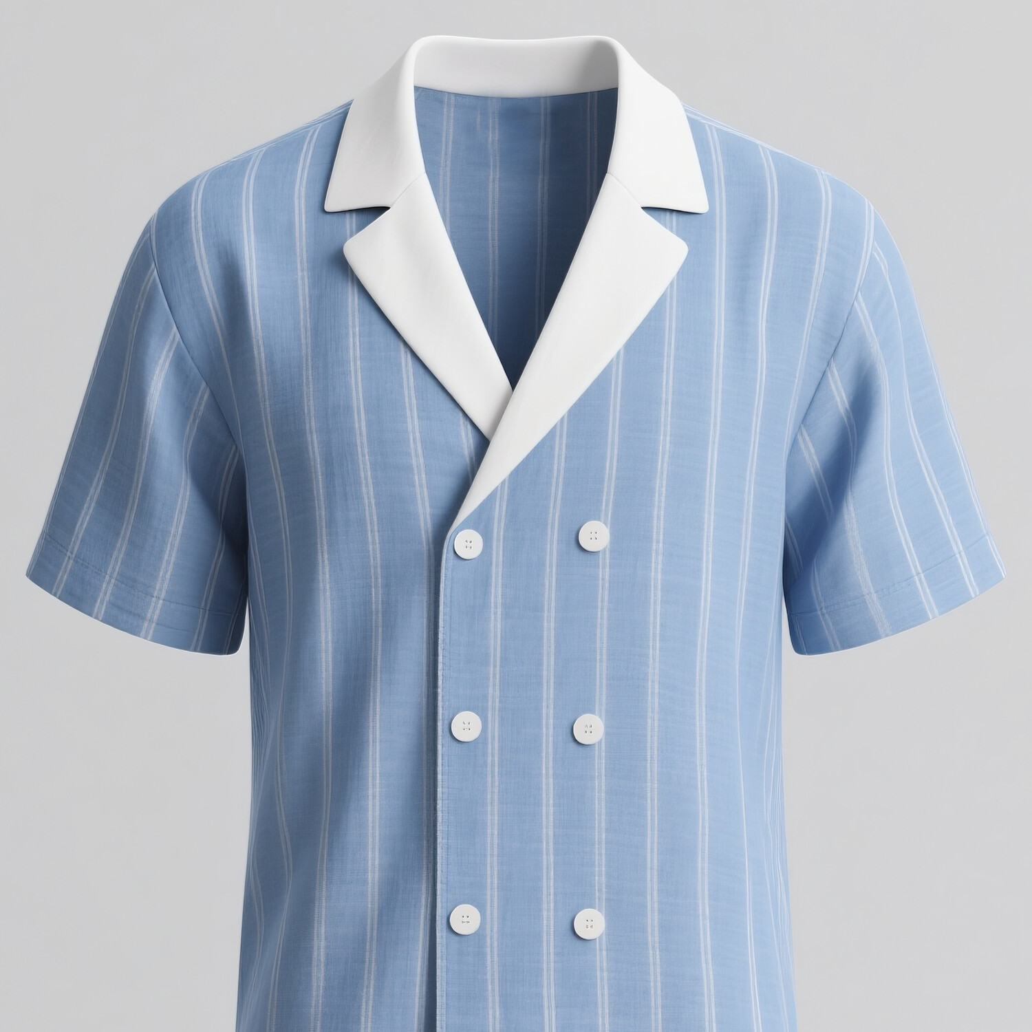 Men's Notched Lapel Double Breasted Short Sleeve White Stripes Shirt