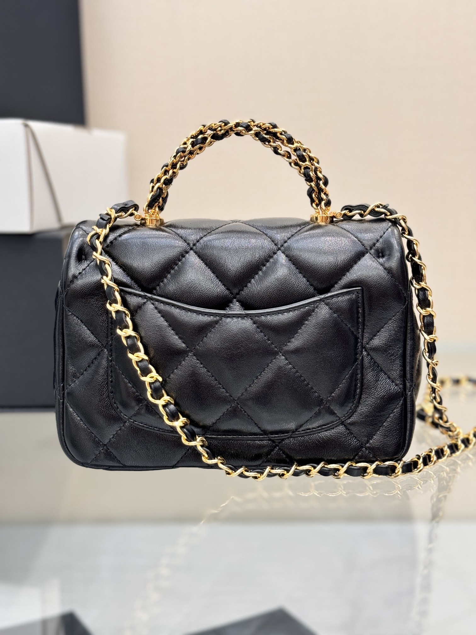 24B Classic Flap Mini with Twist Handle in Black Waxed Lambskin with Gold-Tone Hardware (Model AS5166) - Mocuir