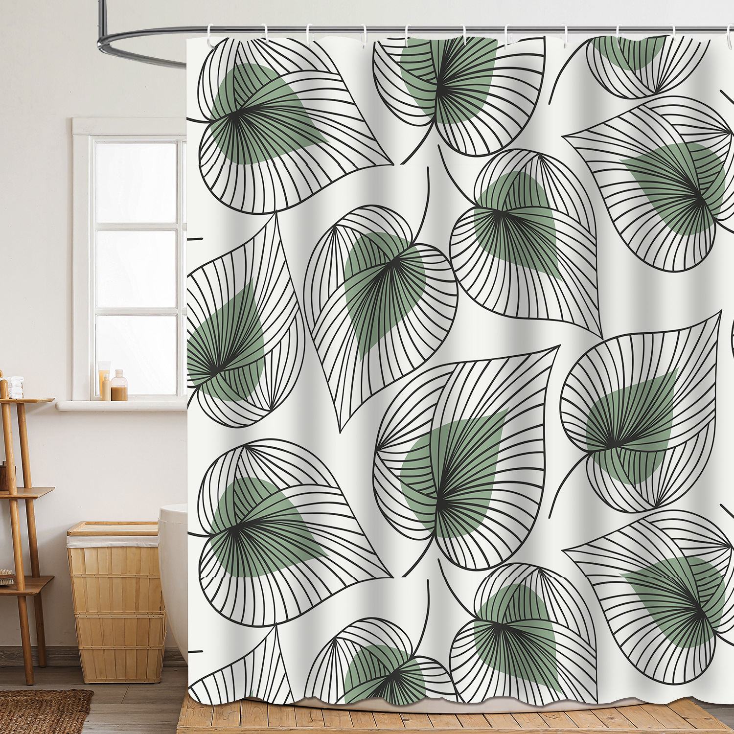 Shower curtain green plant leaf polyester 3d digital printing waterproof and mildew-proof shower bathroom partition