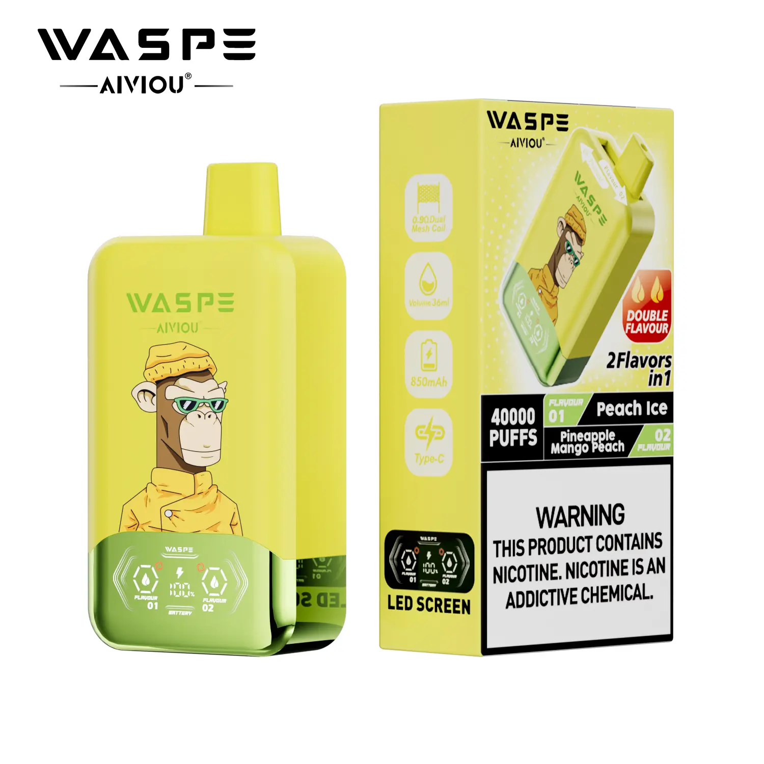 （3 pieces）WASPE 40000 40K Puffs Double Taste LCD Display Disposable Vape