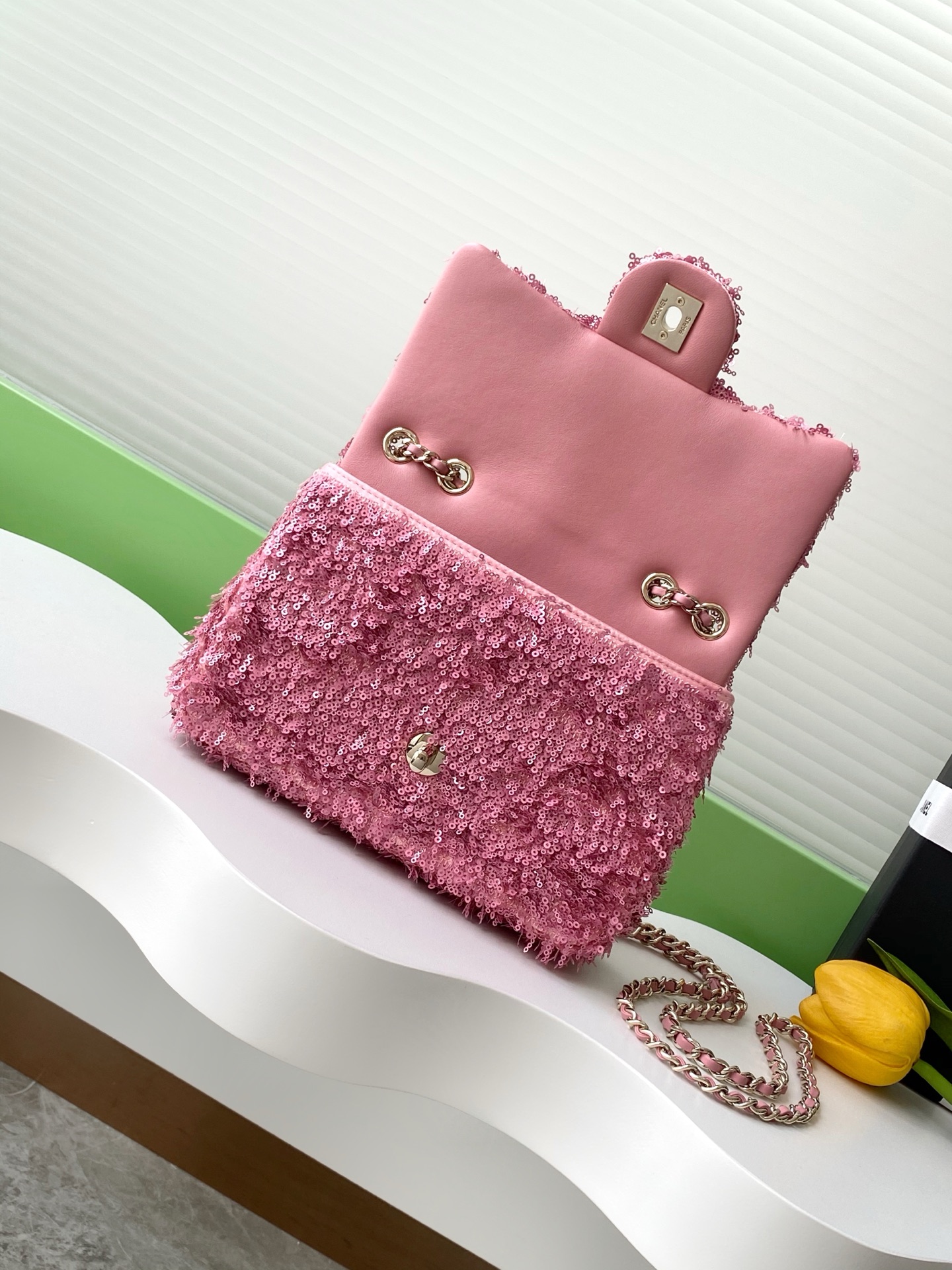 2025 FallWinter Classic Flap Bag in Bright Pink Sequins (AS4561) with Light Gold-Tone Hardware - Mocuir
