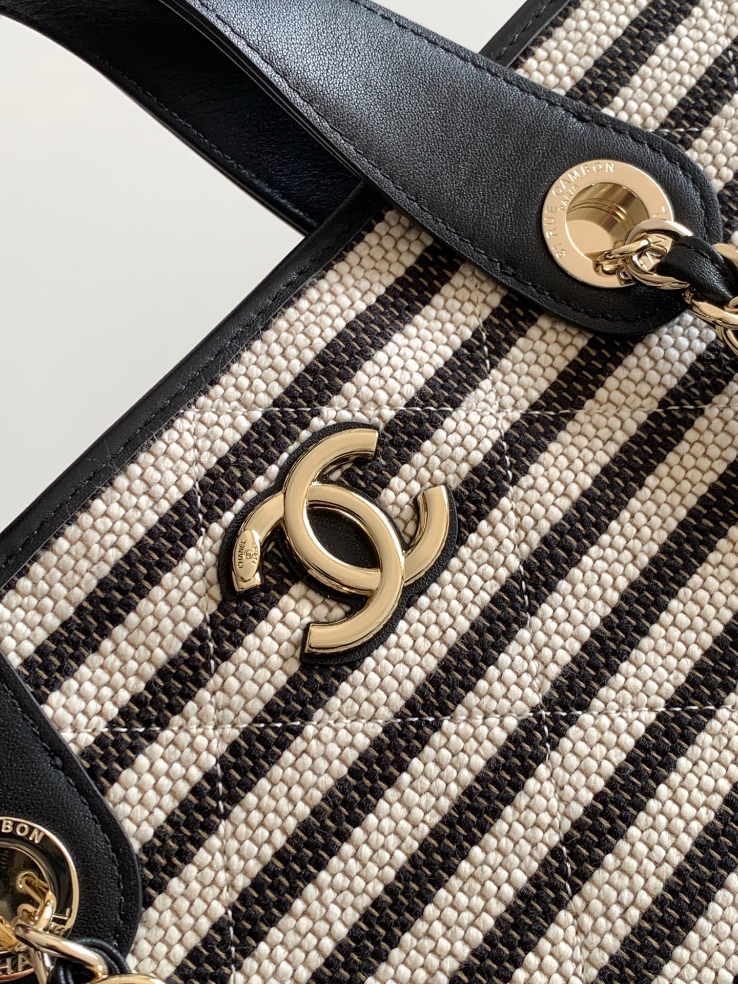 Deauville Large Striped Canvas Tote Bag in Black with Gold-Tone Hardware - Mocuir