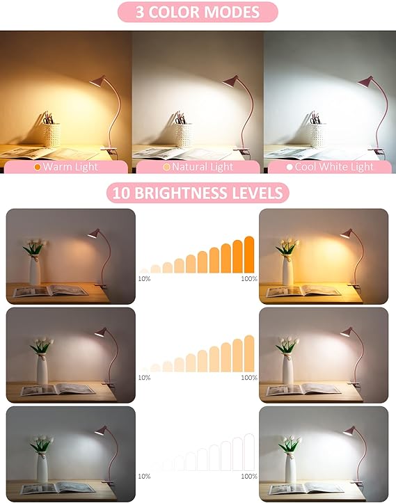 Pink Small Desk Lamp Clip on LED Reading Light for Bed