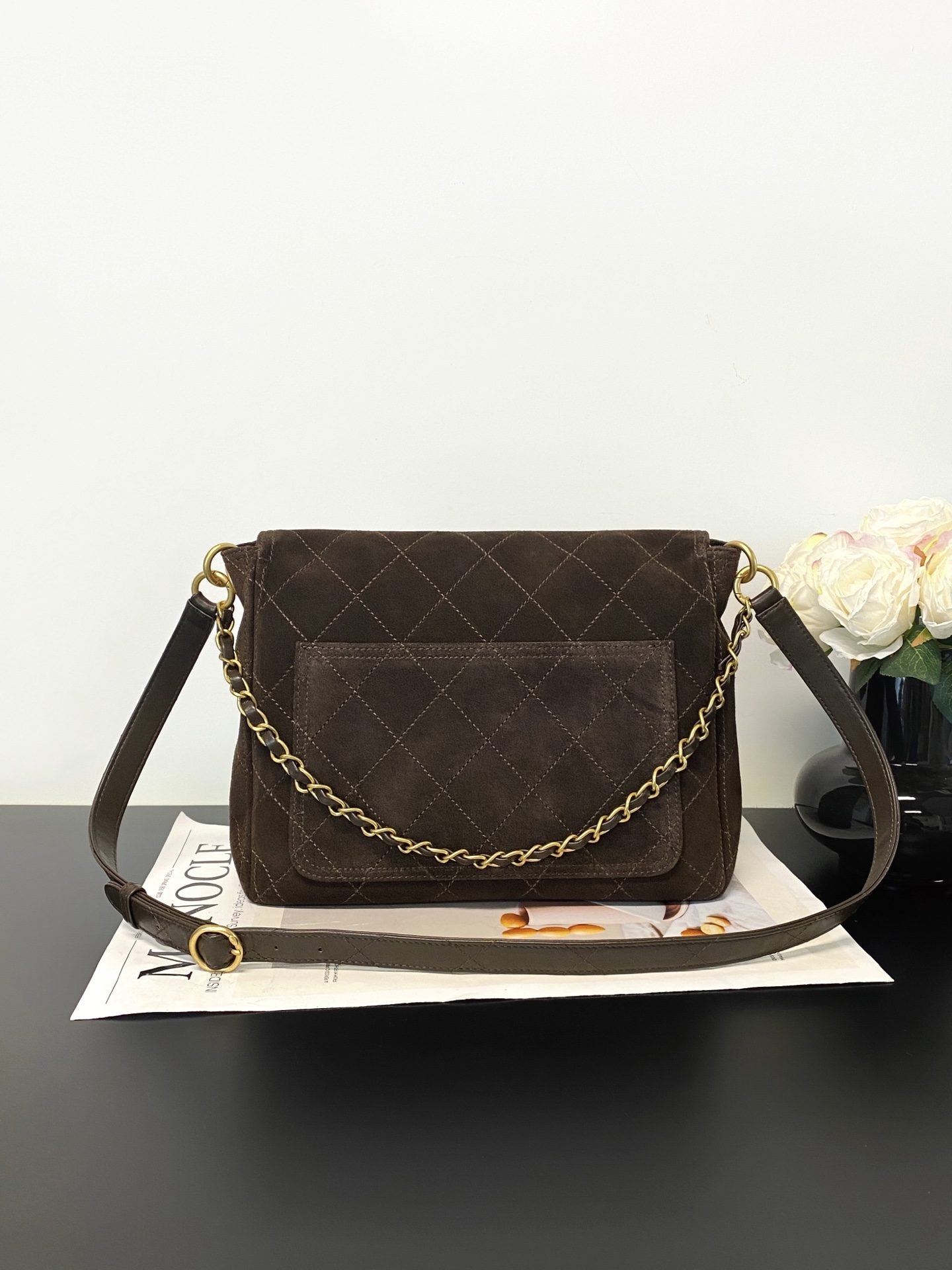 26C Cruise Quilted Suede Shoulder Bag with Calfskin Trim and Gold-Tone Hardware - Mocuir