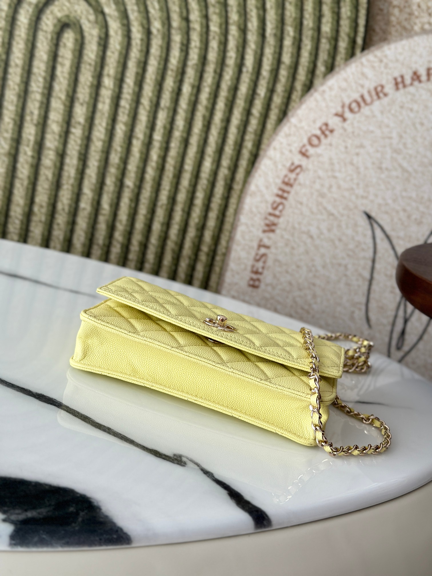 Classic Flap Mini Bag with Top Handle in Lemon Yellow Caviar Leather with Light Gold Hardware (Model AP3341) - Mocuir