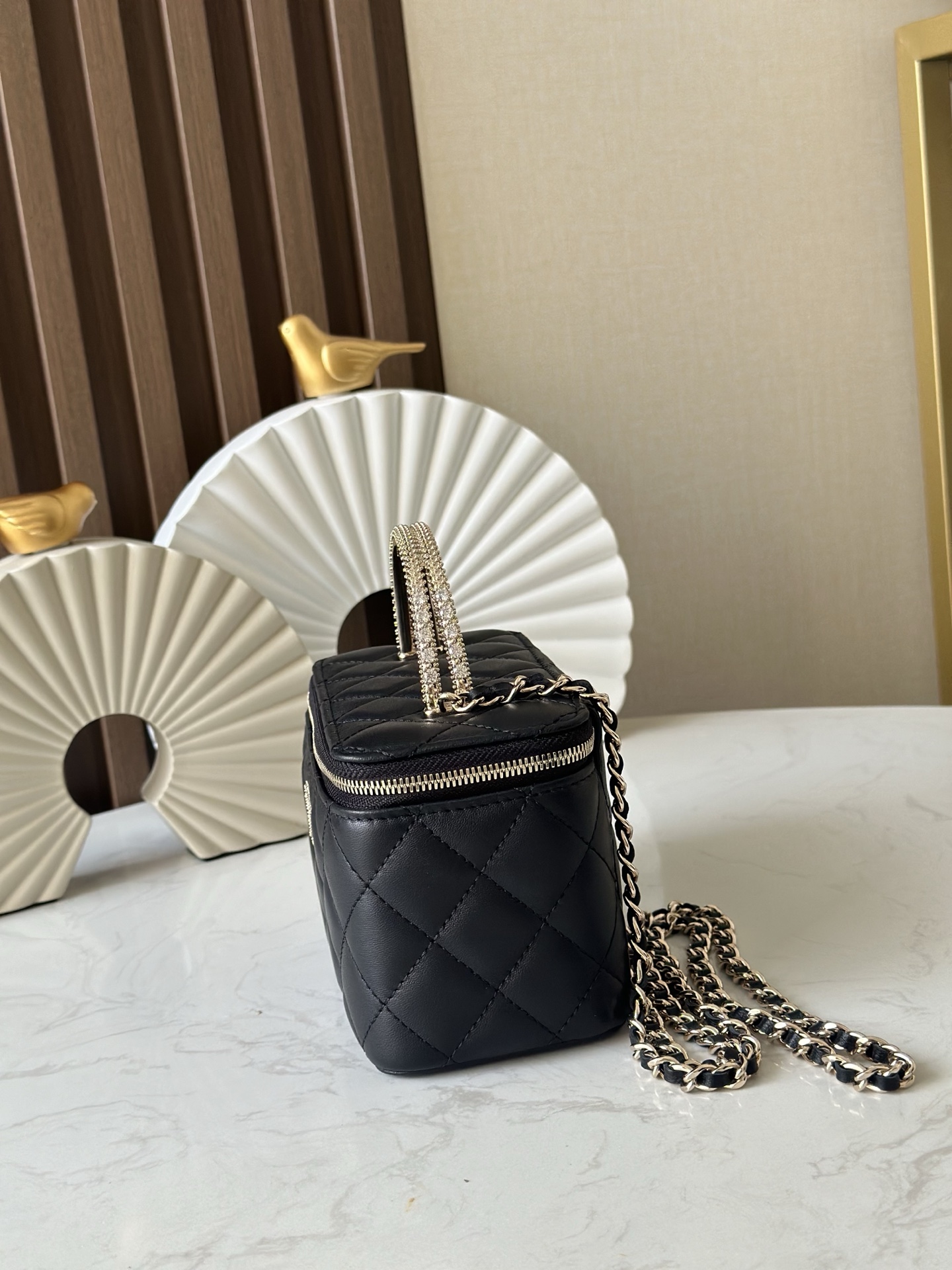 Black Lambskin Quilted Small Vanity Case with Crystal Handle (Model A66068) - Mocuir